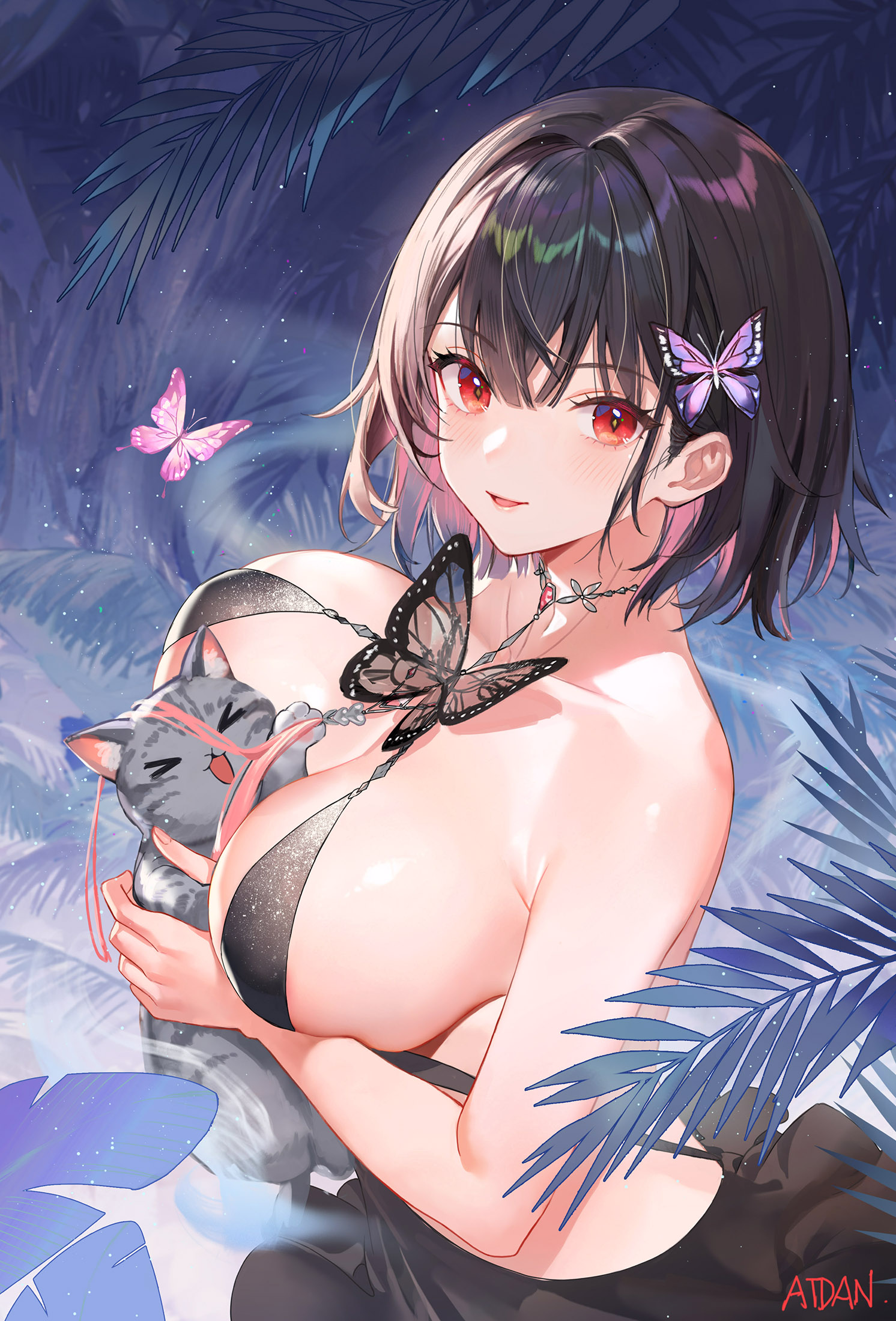 Original Characters Pet Atdan Portrait Display Cats Anime Girls Short Hair Leaves Butterfly Looking  1492x2200