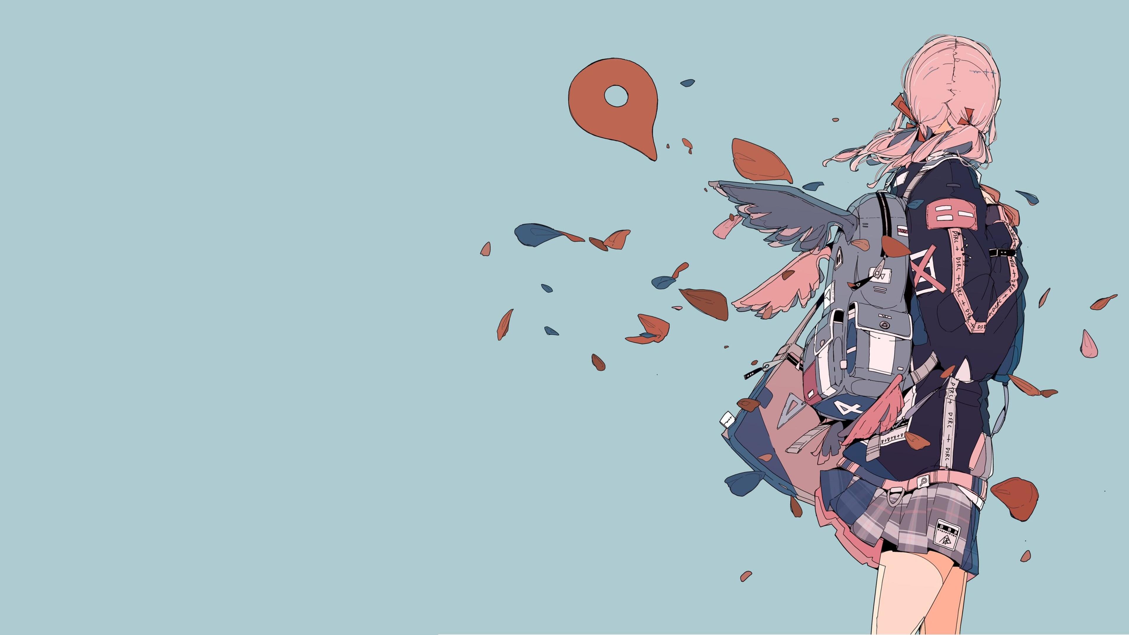 Daisukerichard Anime Girls Original Characters Minimalism Backpacks Wings Petals Simple Background 3840x2160