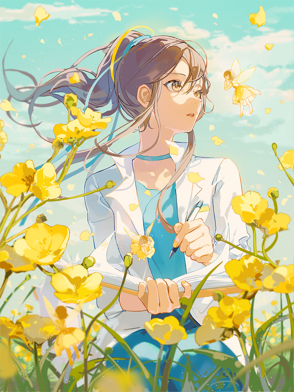Original Characters Anime Girls Yellow Eyes Flowers Fairies 1000x1333