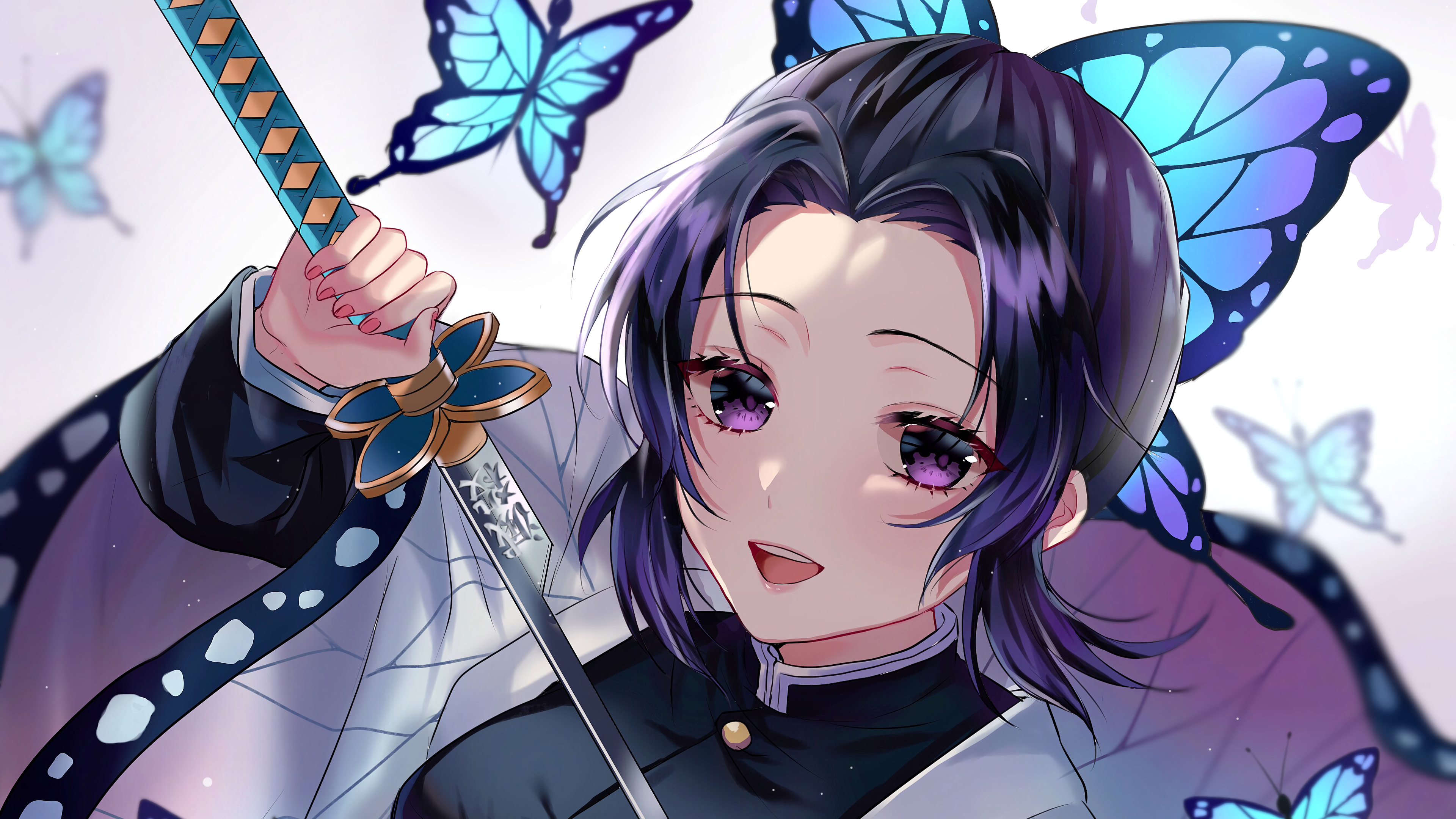 Kimetsu No Yaiba Kochou Shinobu Anime Girls Sword Butterfly Purple Eyes Purple Hair 3840x2160