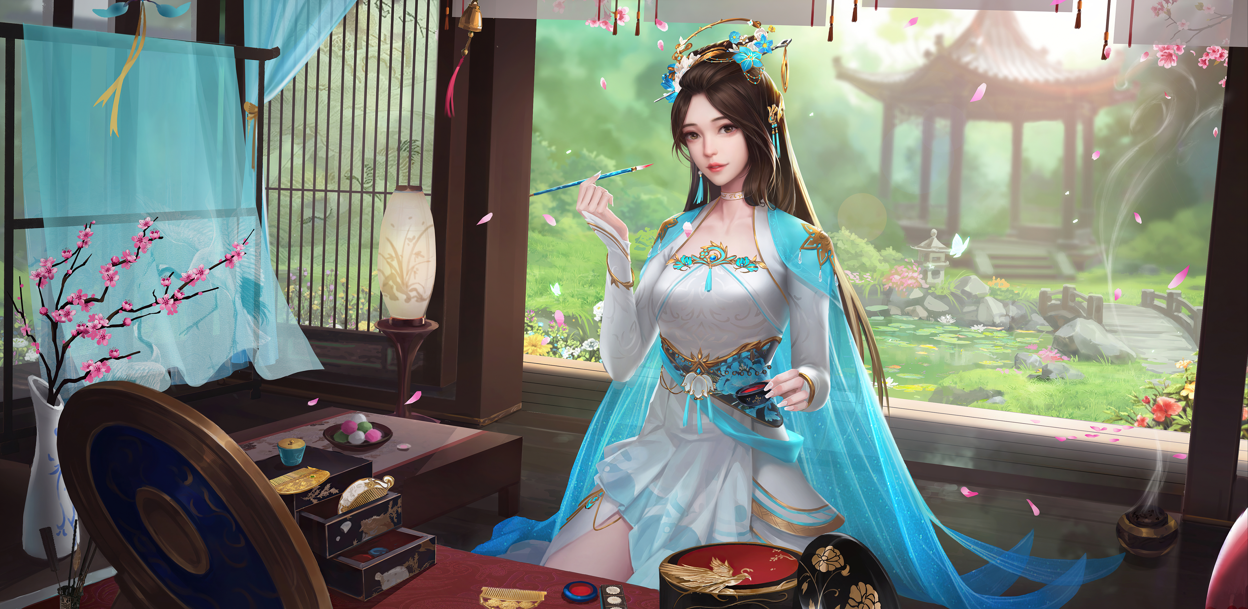 Three Kingdoms Video Game Characters Video Game Girls Video Game Art Petals Flowers Asian 3969x1939