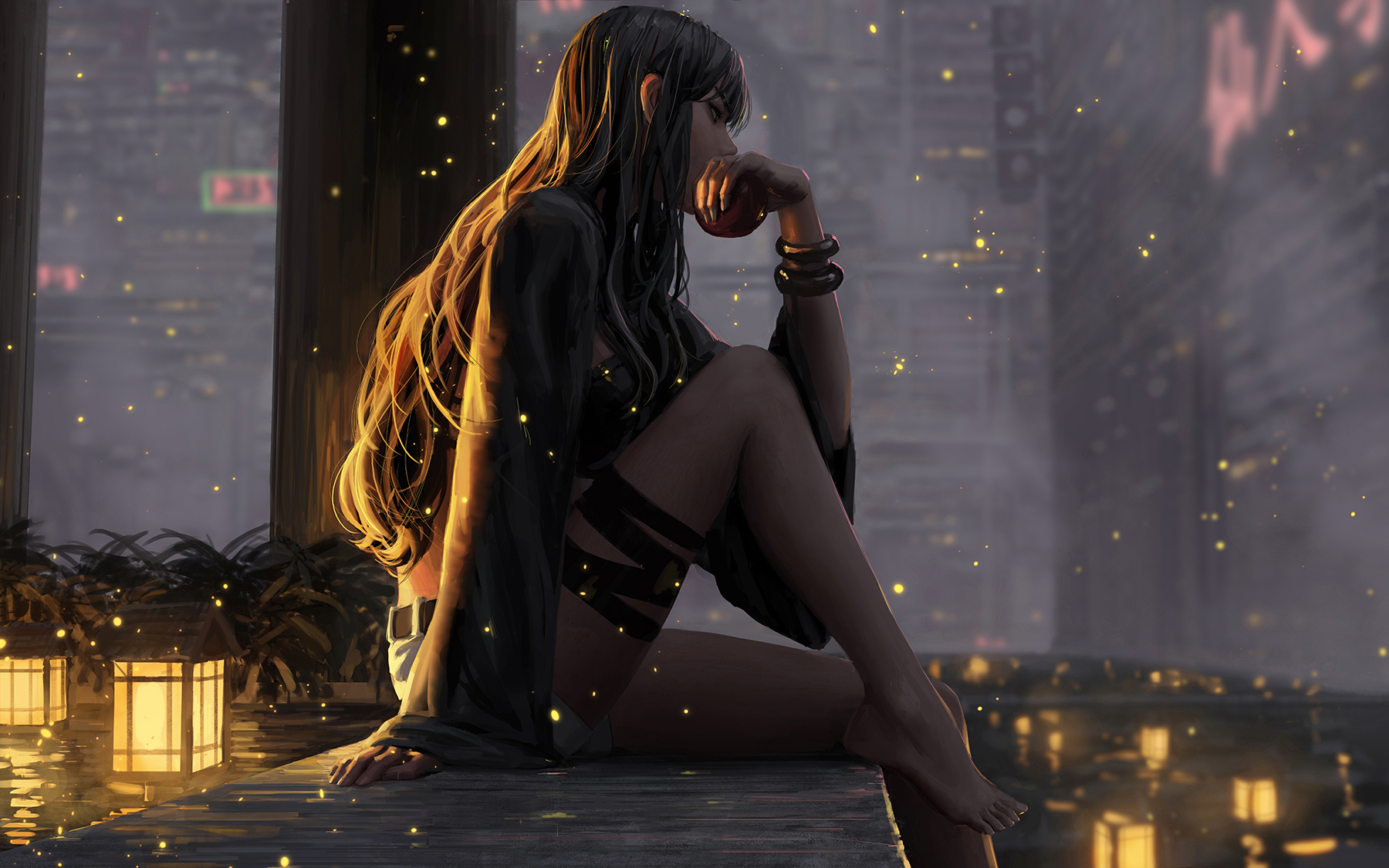 GUWEiZ Women Fictional Character Digital Painting Ledge Bent Legs Sitting Long Hair Artwork Digital  1800x1125
