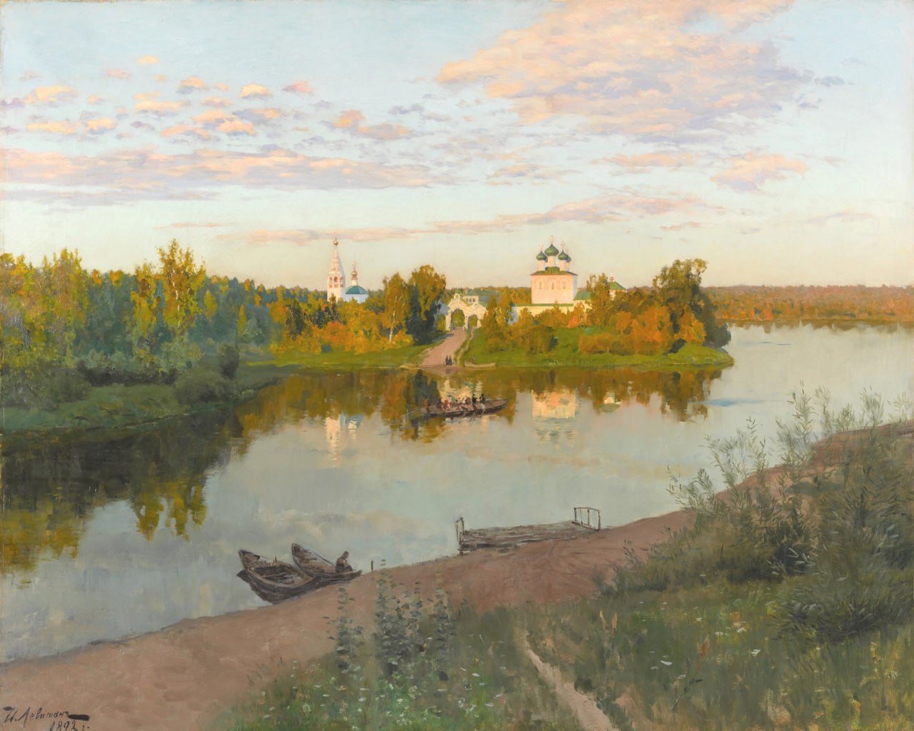 Isaac Ilyich Levitan Traditional Art Artwork Clouds Sky Water Reflection Trees Boat Flowers 1280x1024