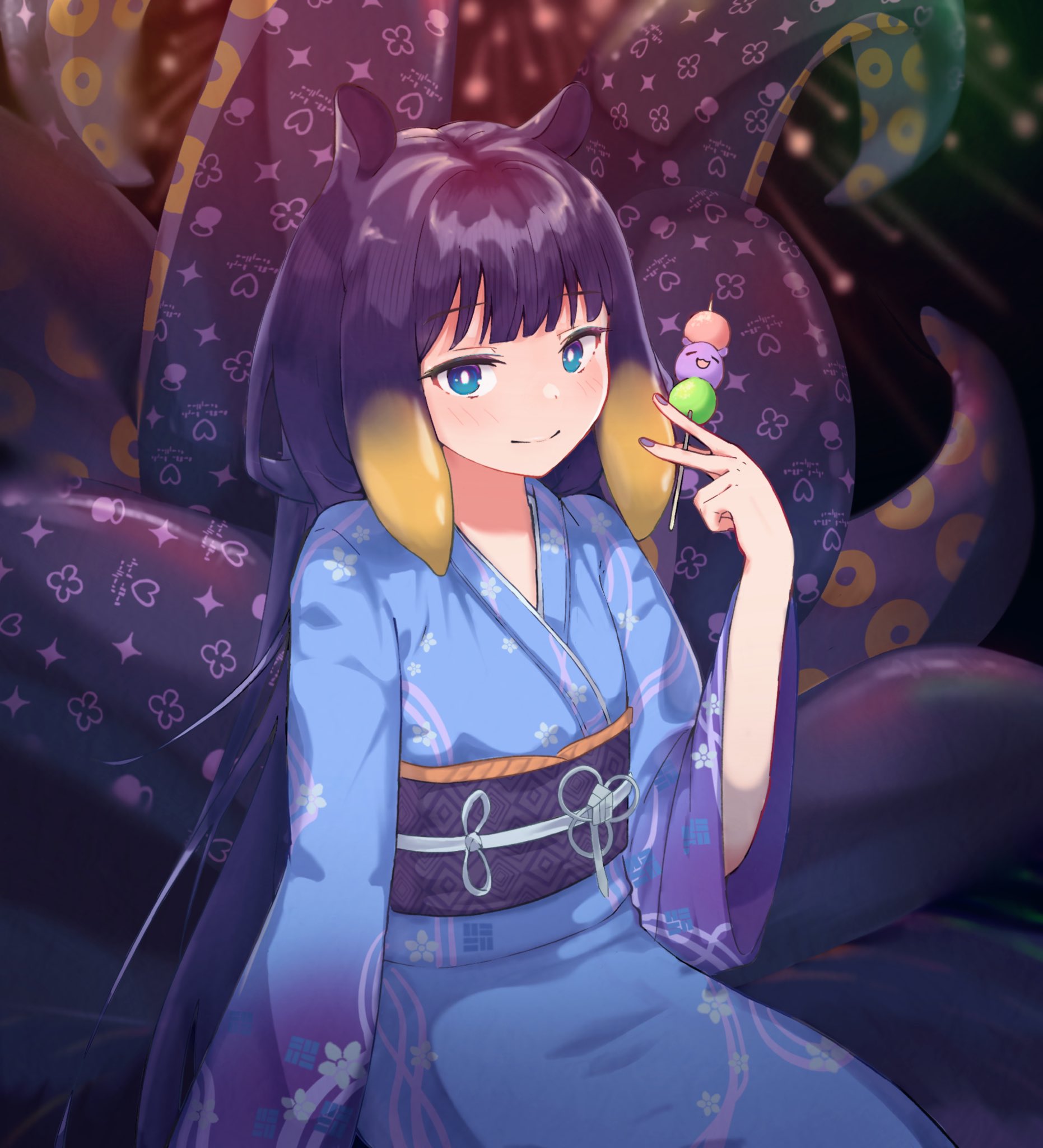 Virtual Youtuber Yukata Blue Eyes Purple Hair Ninomae Inanis Portrait Display Hololive Fan Art Anime 1862x2048