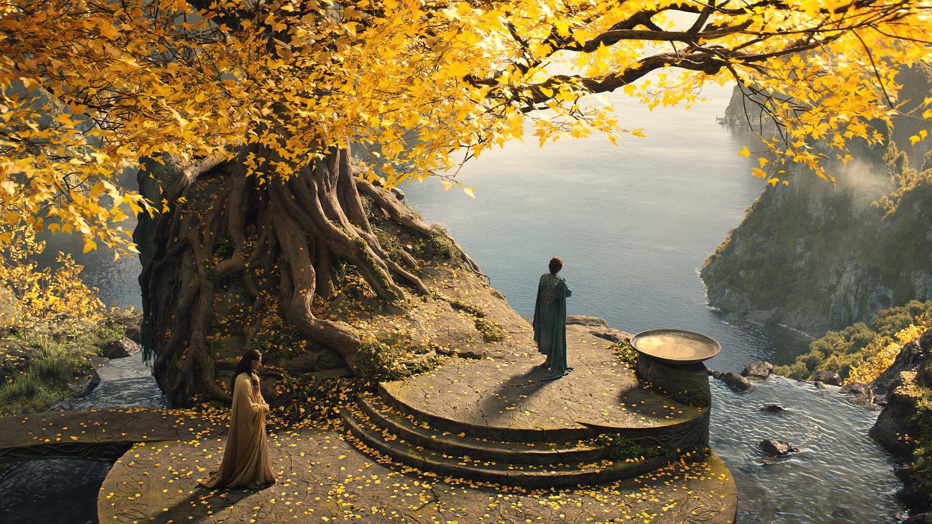 The Lord Of The Rings Rings Of Power TV Series Film Stills Water Leaves Rocks Trees 1920x1080