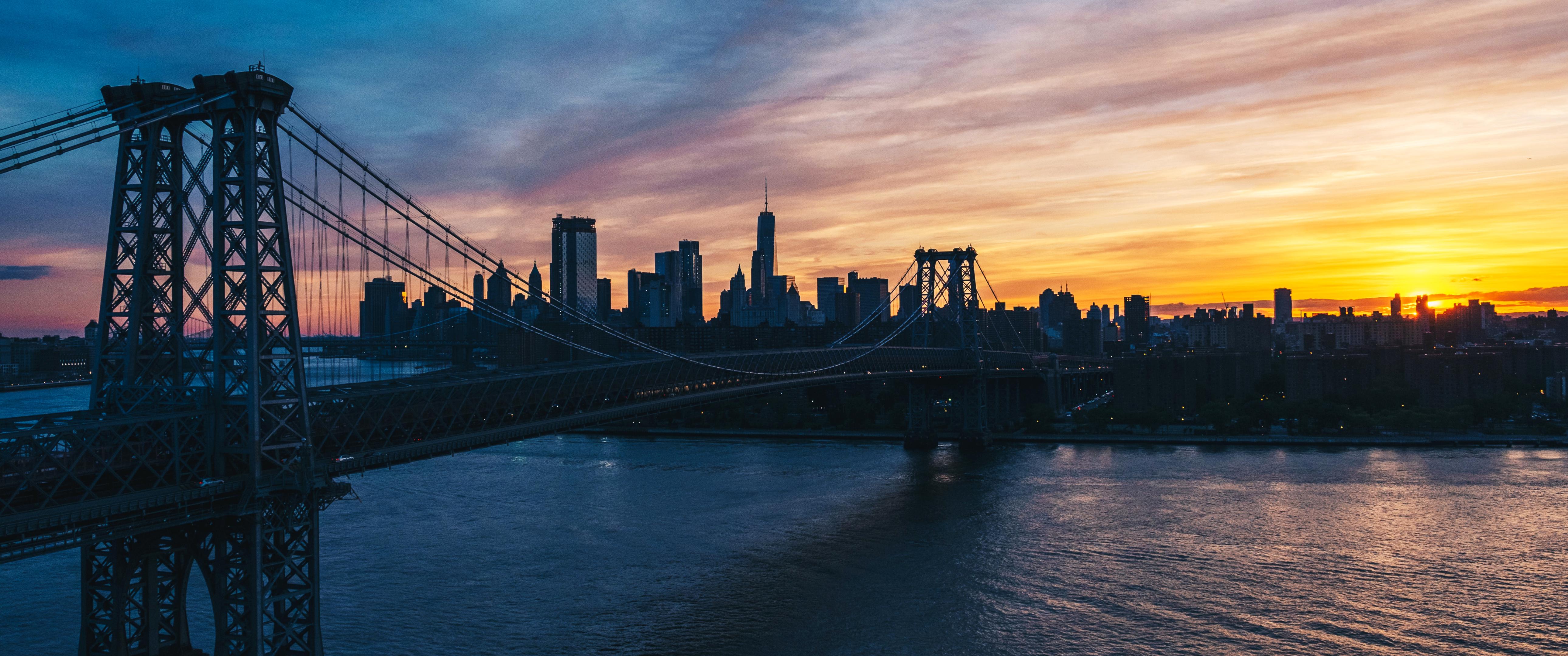 Bridge City New York City Manhattan Bridge Water Sunset Sunset Glow 5160x2160