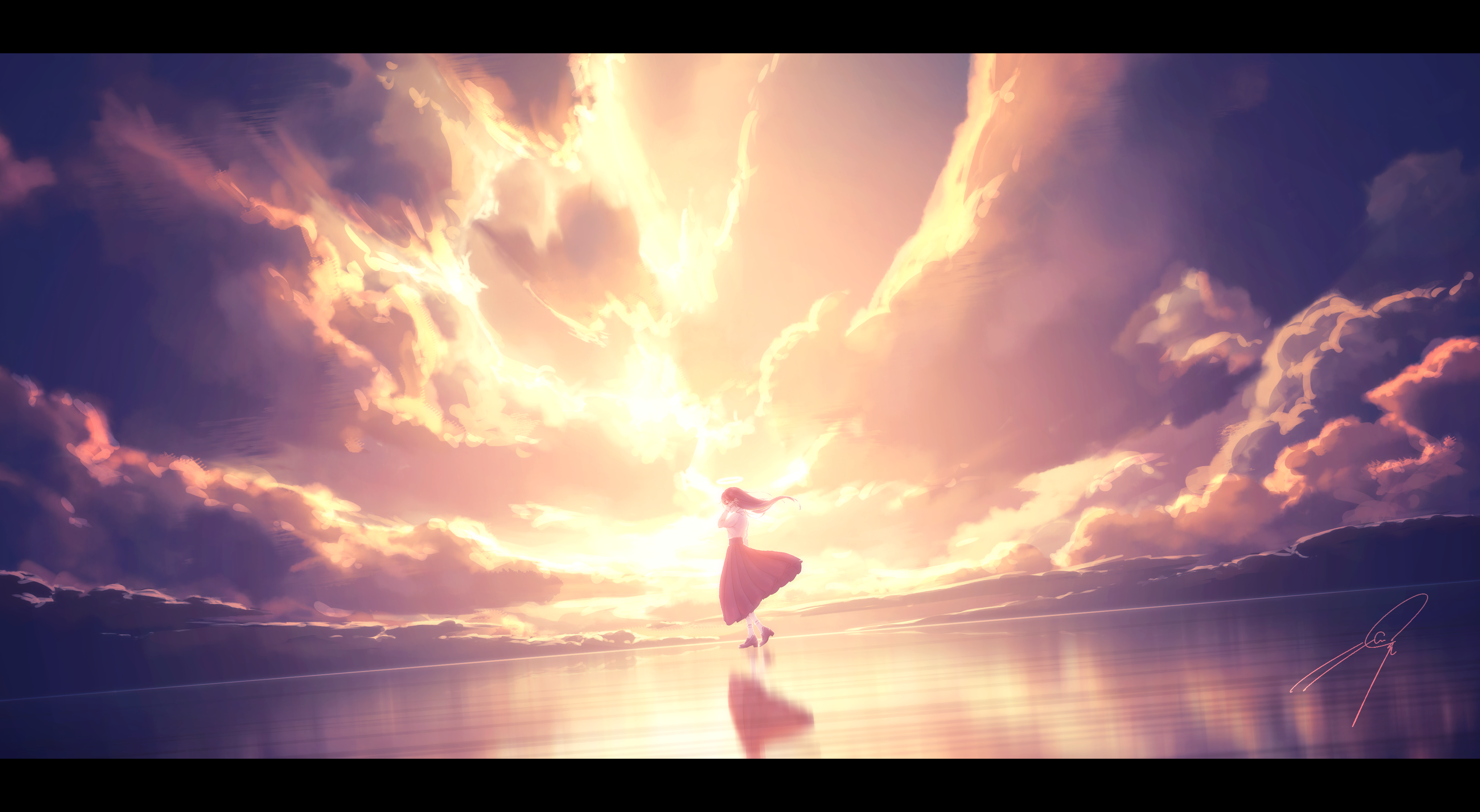 Nengoro Anime Girls Anime Reflection Artwork Sky Simple Background Clouds Sunset Glow 4080x2240