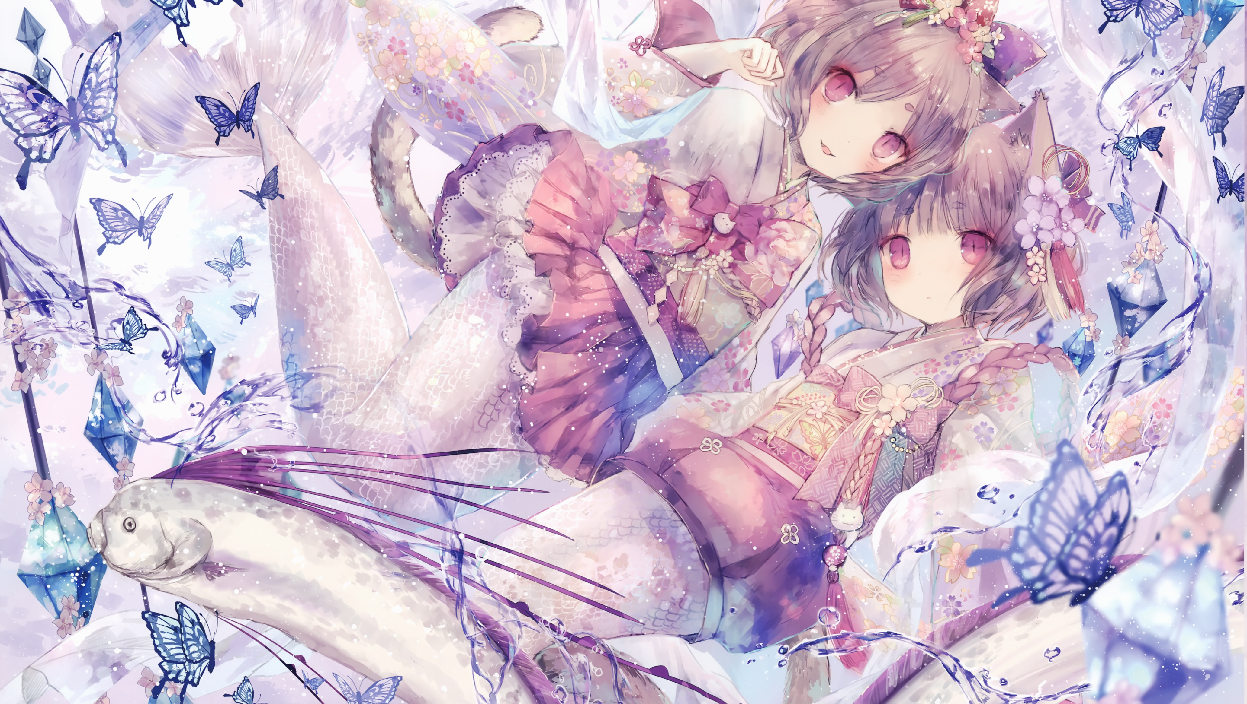 Mermaids Anime Anime Girls Cat Ears Flowers Flower In Hair Tail Butterfly Looking At Viewer Bow Tie  4129x2334
