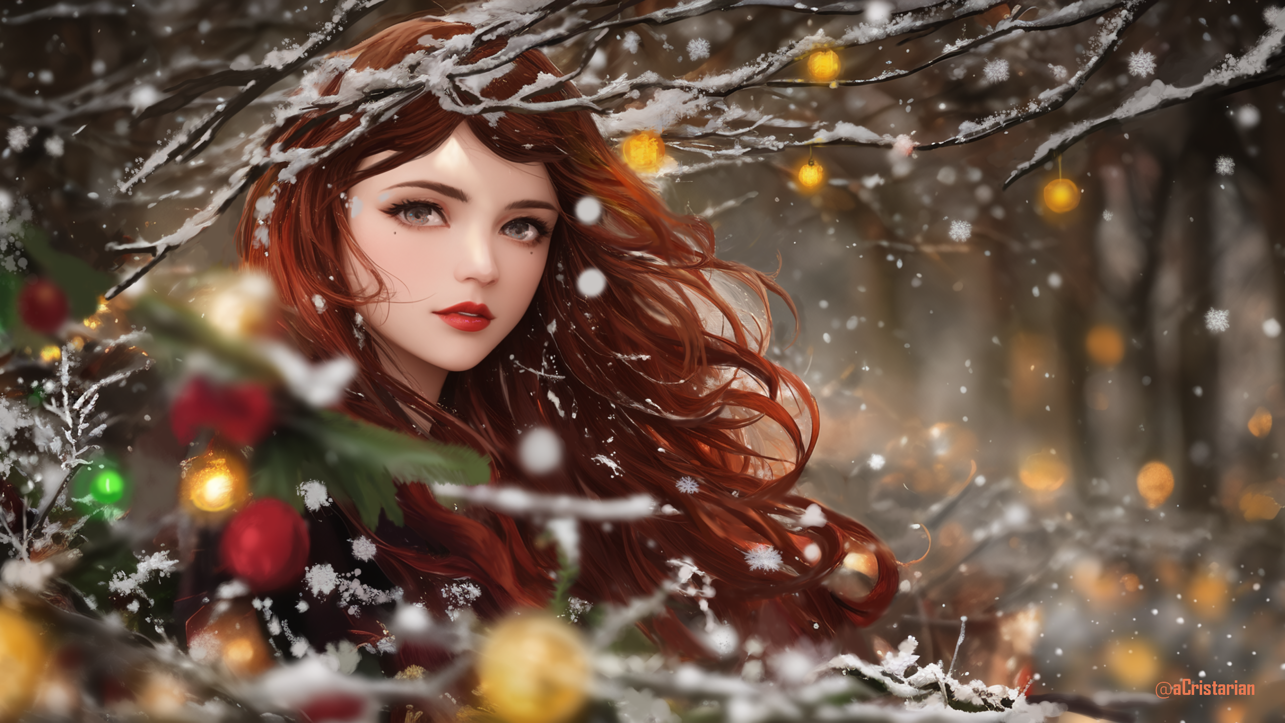 Christmas Red Snow Brunette Long Hair Gray Eyes Looking At Viewer Moles Mole Under Eye Red Lipstick  2560x1440