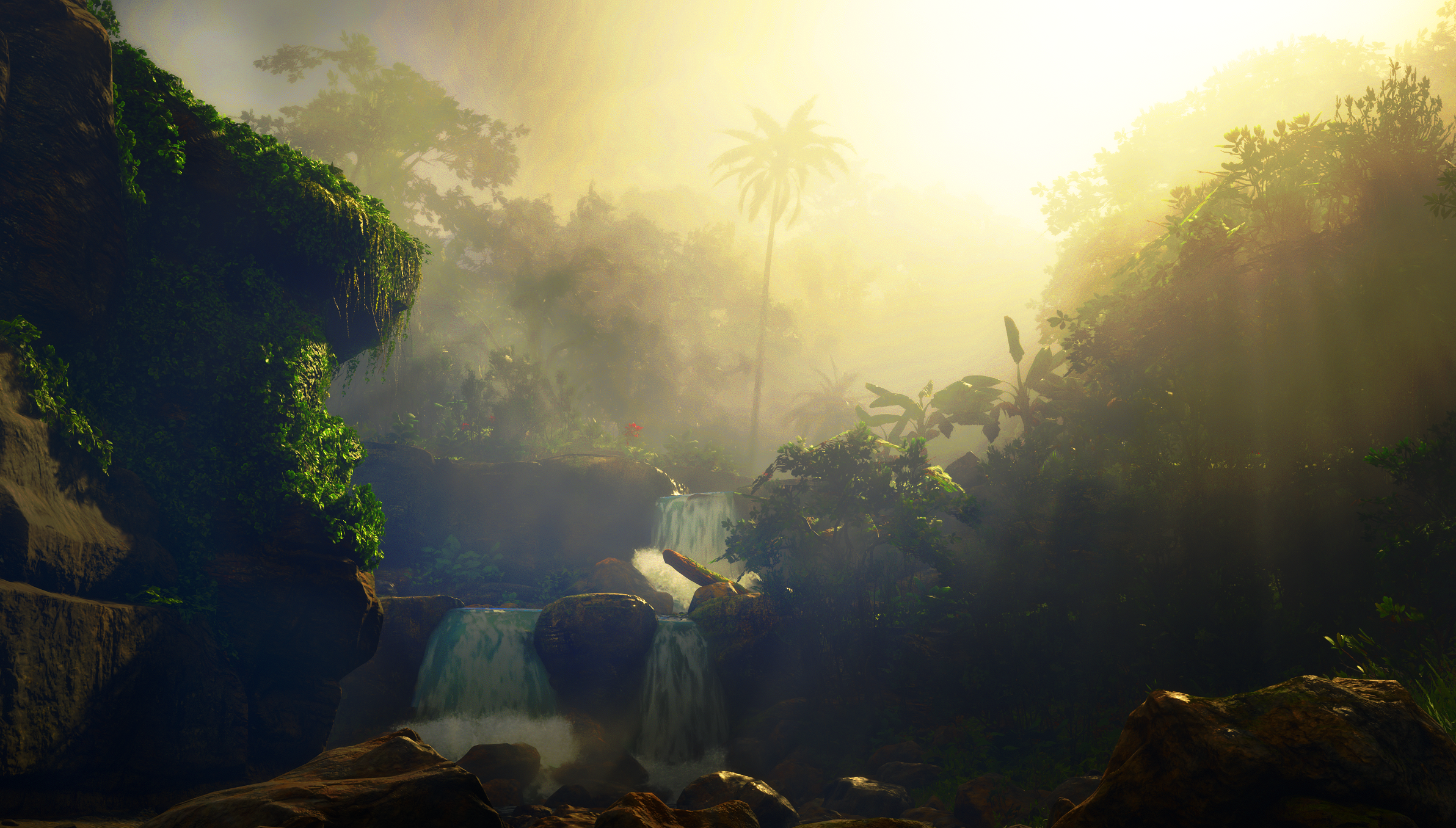 Red Dead Redemption 2 Tropical Island Waterfall River Rocks Digital Art Video Games Screen Shot Wate 2384x1356