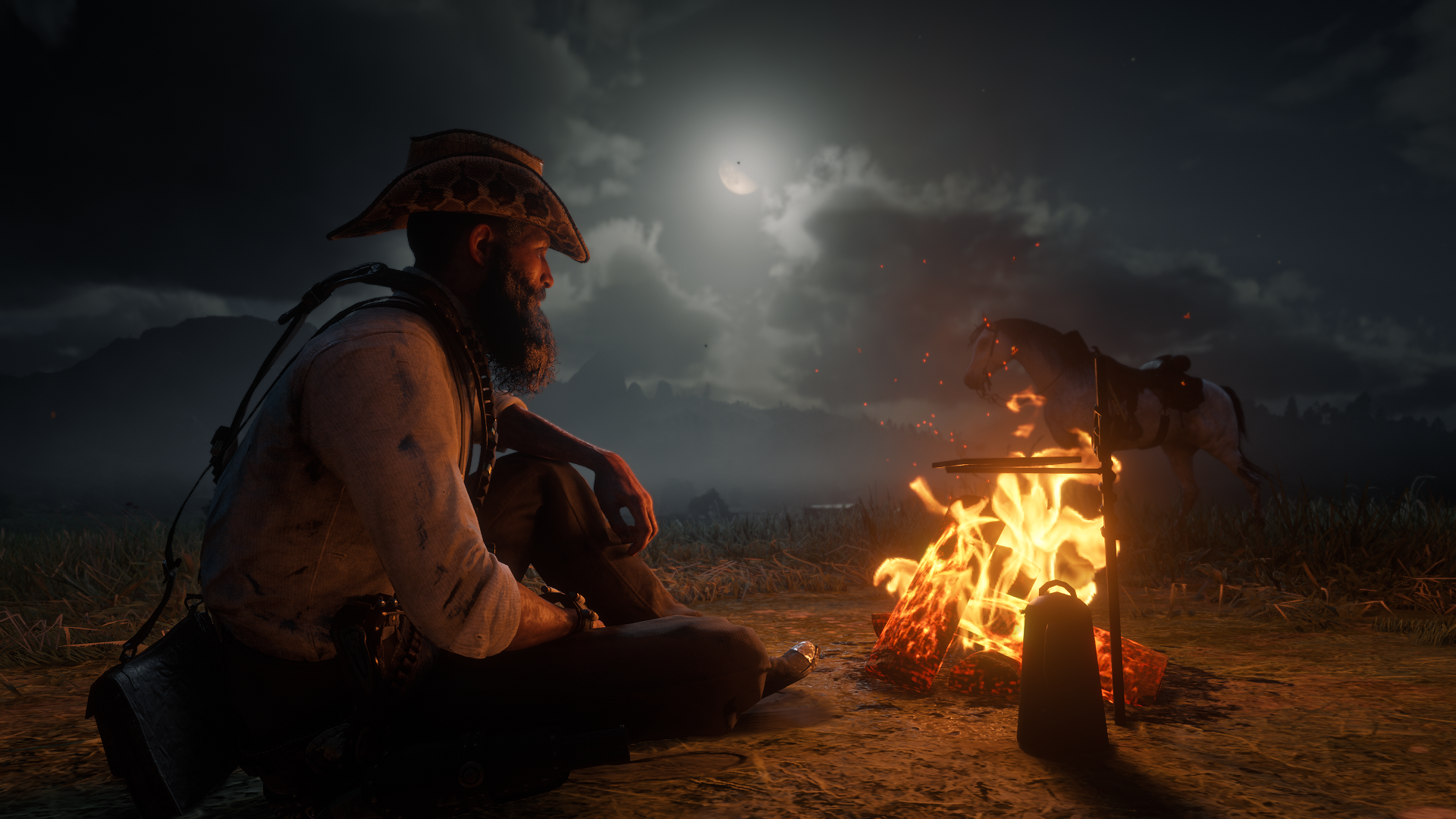 John Marston Red Dead Redemption 2 Video Games Hat Beard Fire Horse Night Sky Moon Video Game Man Si 1920x1080