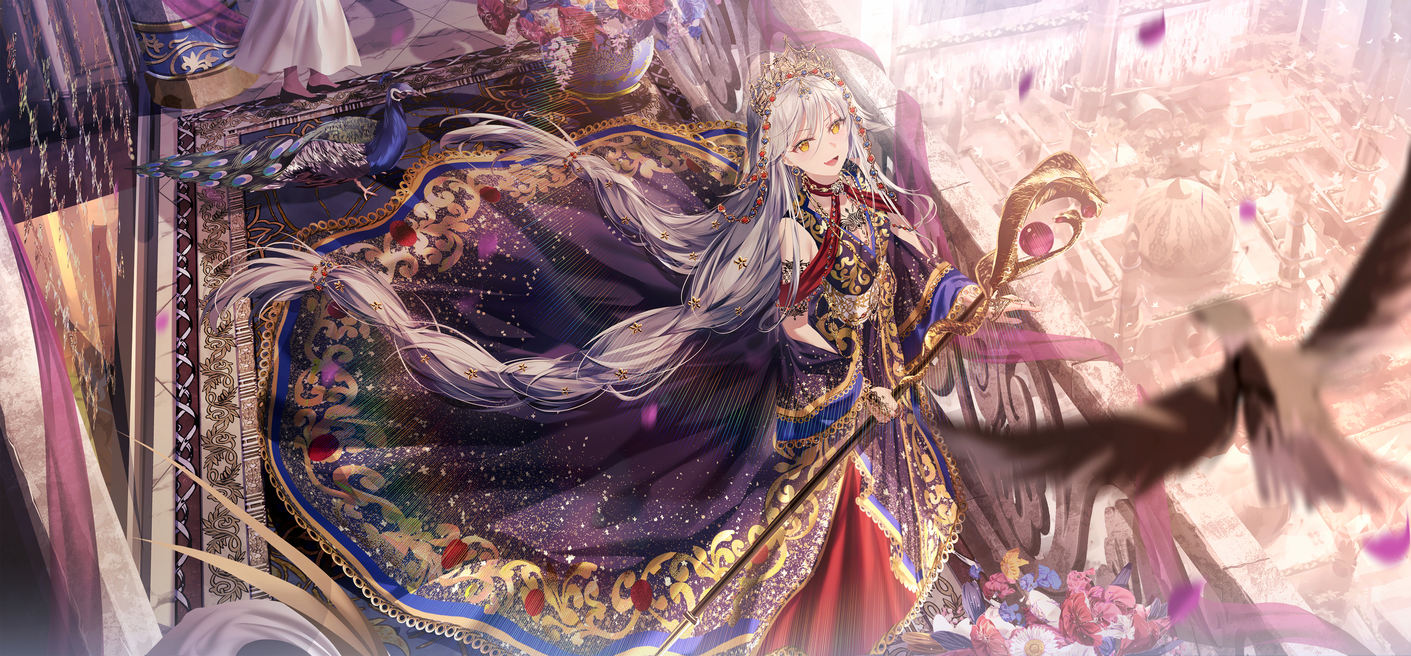 Anime Girls Yellow Eyes Silver Hair High Angle Long Hair Smiling Jewelry Birds Dress Petals Twintail 4800x2232