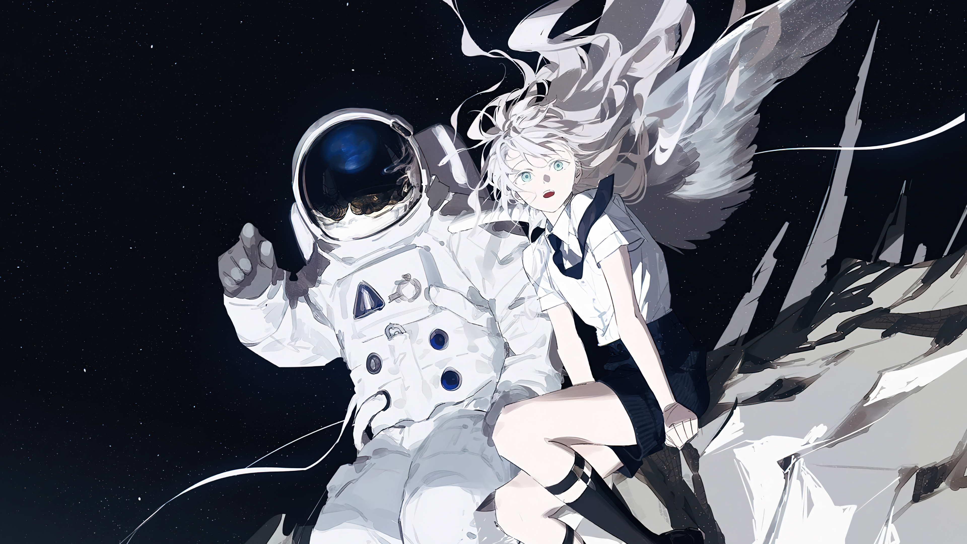 Astronaut Anime Girls Spacesuit Starry Night Space Wings Schoolgirl School Uniform 3840x2160
