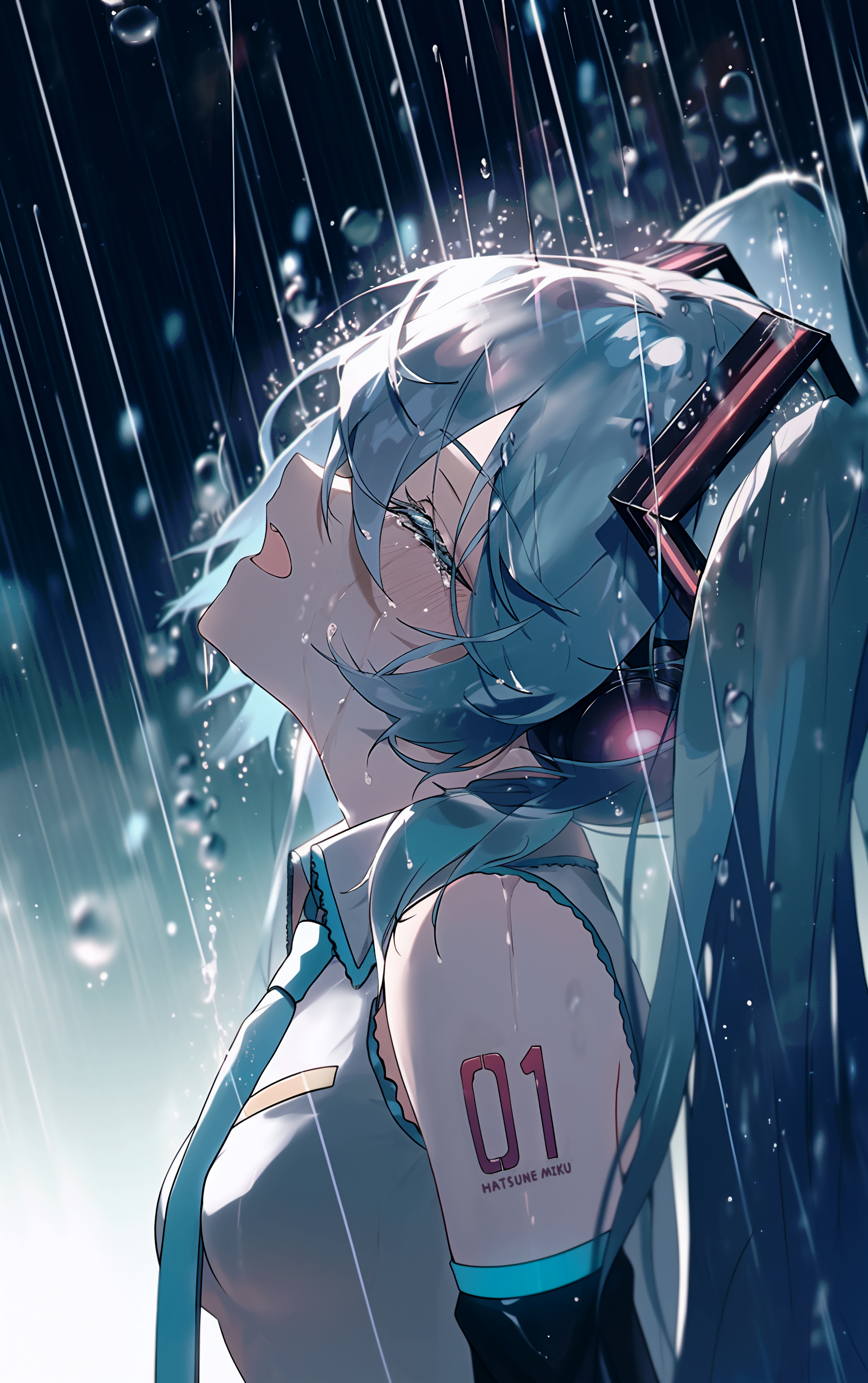 Anime Anime Girls Hatsune Miku Vocaloid Twintails Long Hair Blue Hair Closed Eyes Rain Water Wet Ope 1728x2752