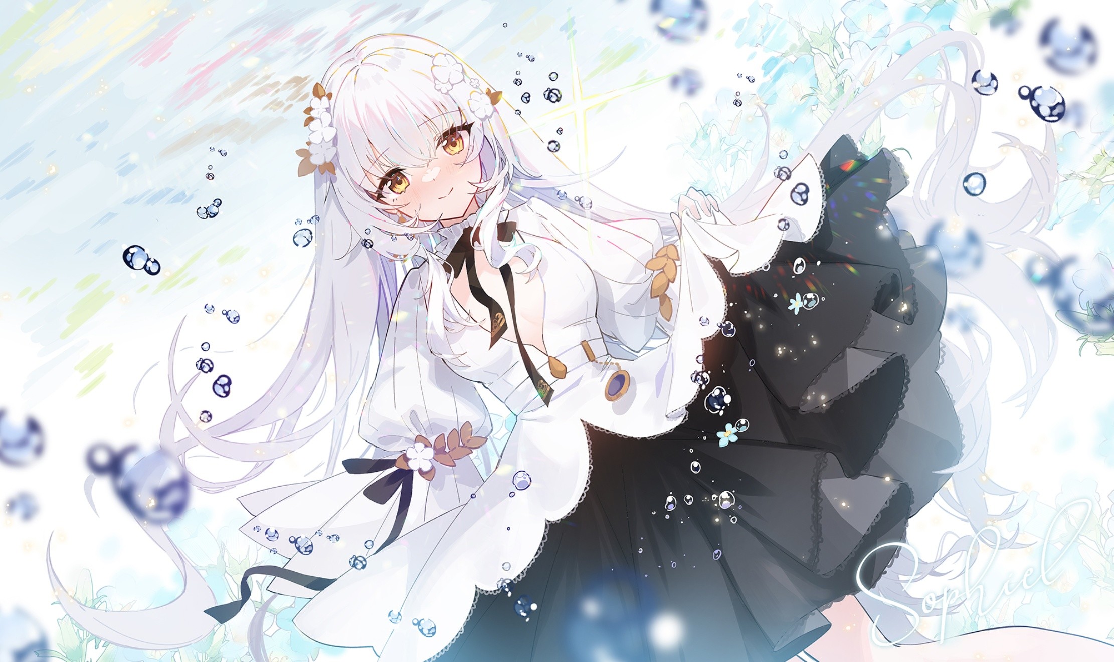 Anime Anime Girls Smiling Looking At Viewer Dress Water Drops Long Hair Blushing Flower In Hair Lift 2222x1321