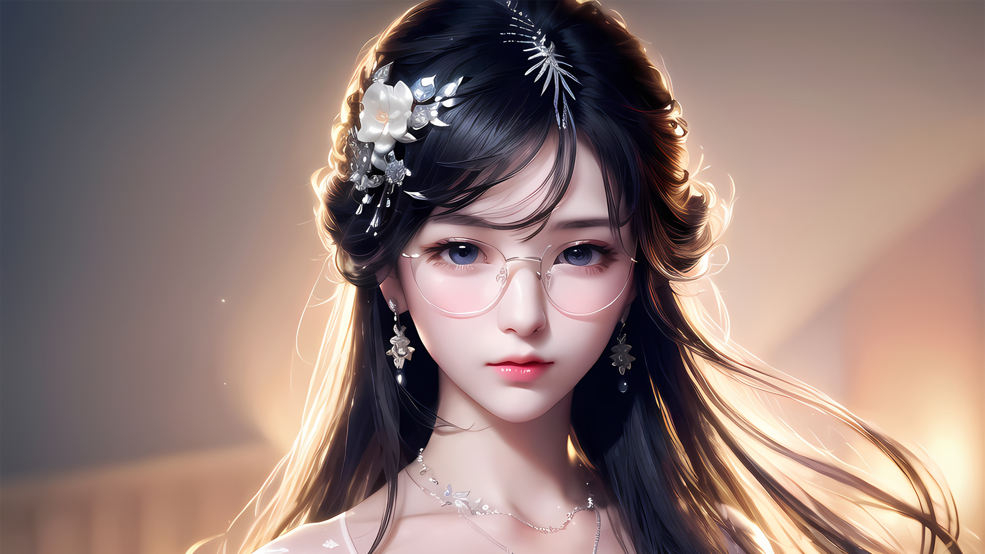 Spectacles Ai Art Earring Asian Women Long Hair Glasses Flower In Hair Looking At Viewer Simple Back 1920x1080