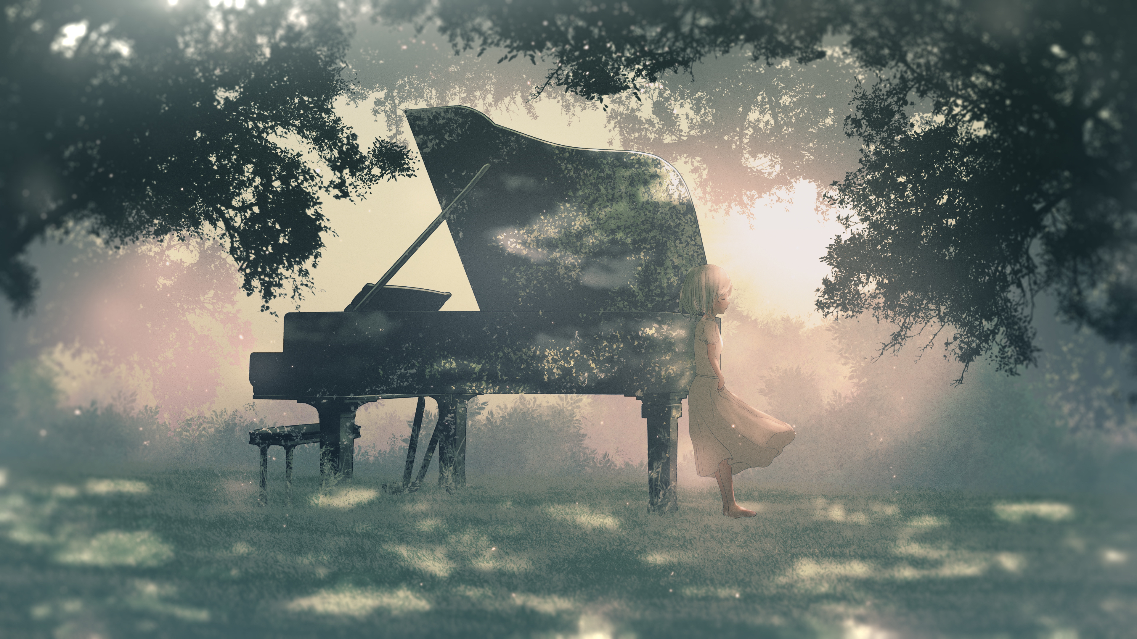 Anime Anime Girls Furi Artist Piano Sunlight White Dress Grass 3840x2160