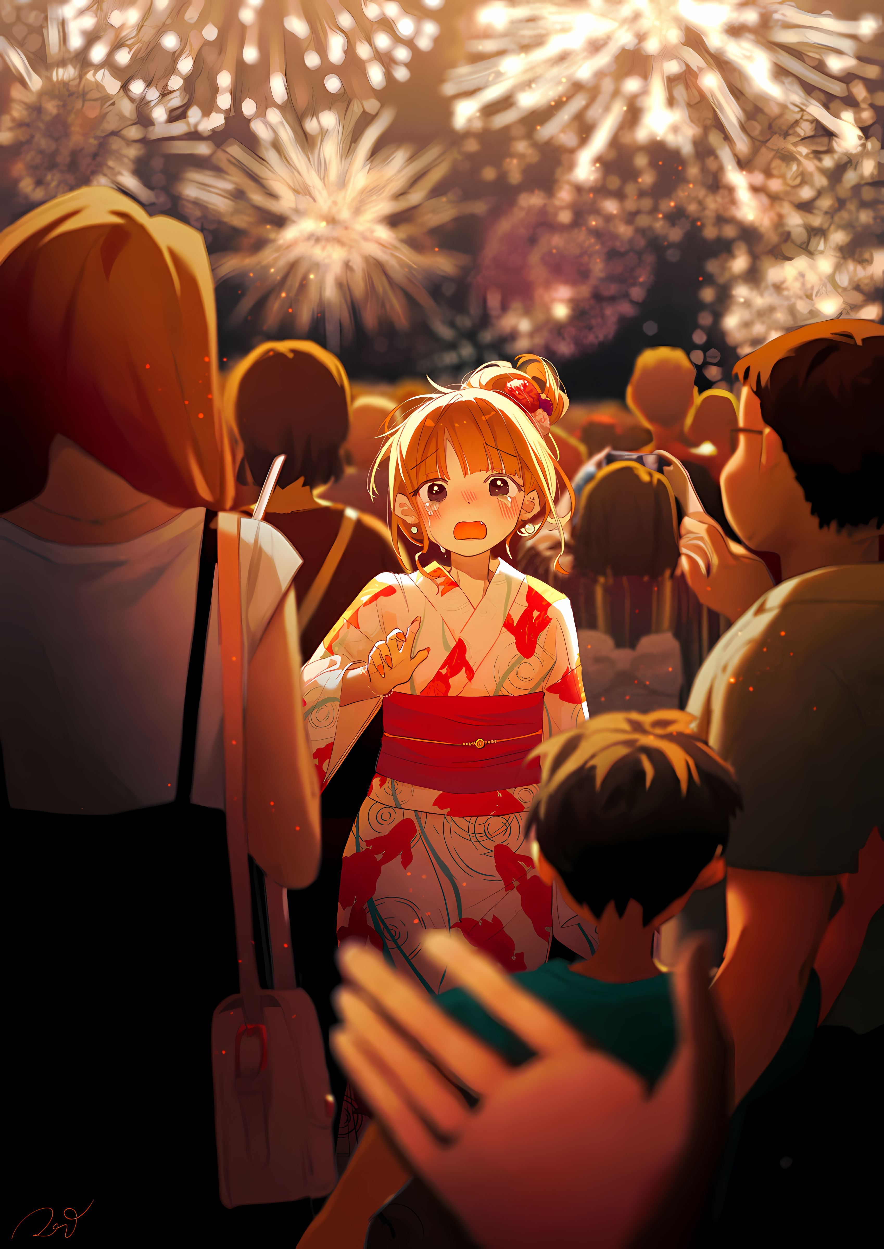 Anime Anime Girls Kimono Portrait Display Tears Crying Crowd Blurred Blurry Background Fireworks Loo 3396x4800