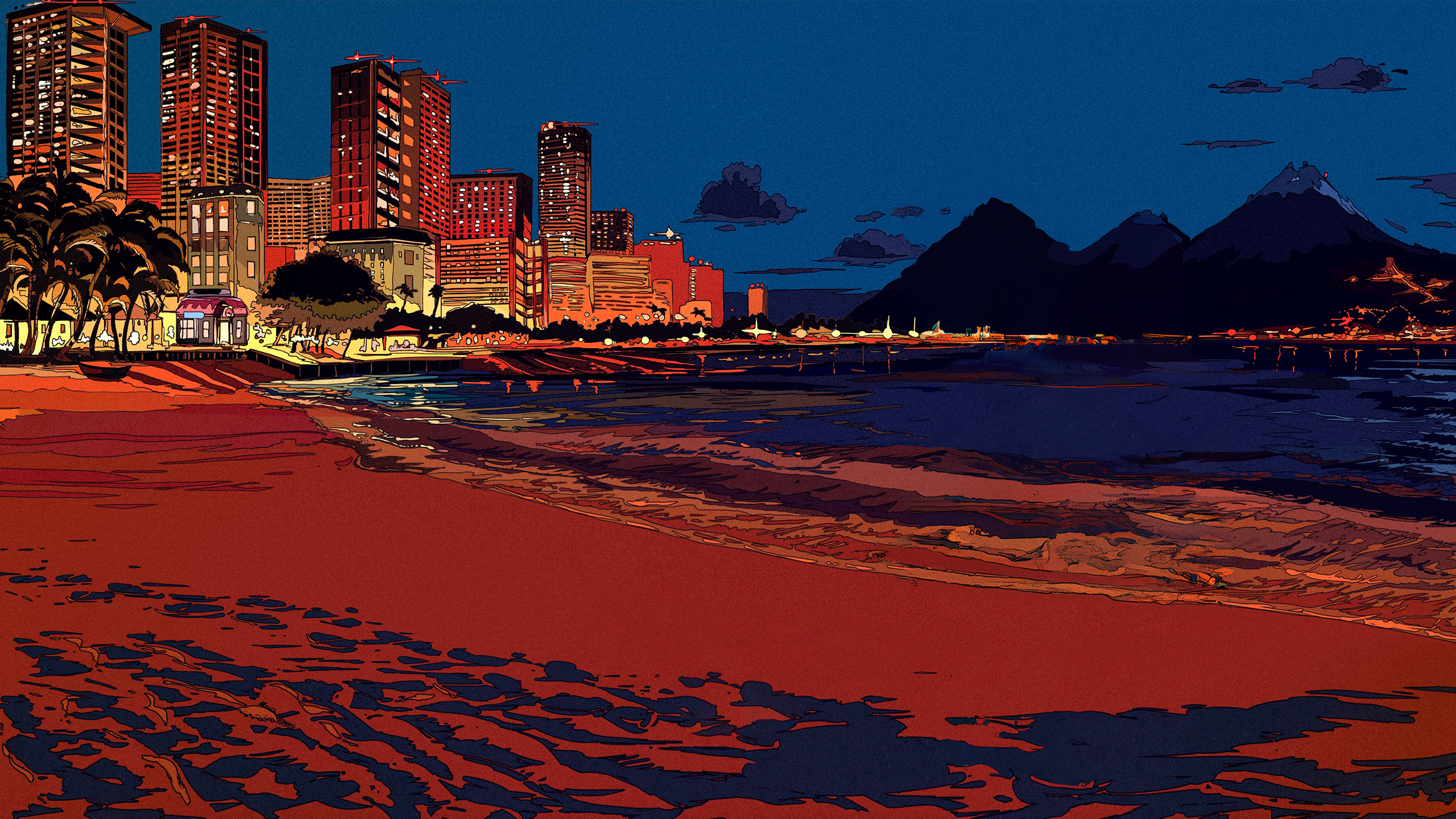 1980s Japanese Art Graphic Design Line Art Vibrant Colorful Summer Digital Art Water Beach 2560x1440
