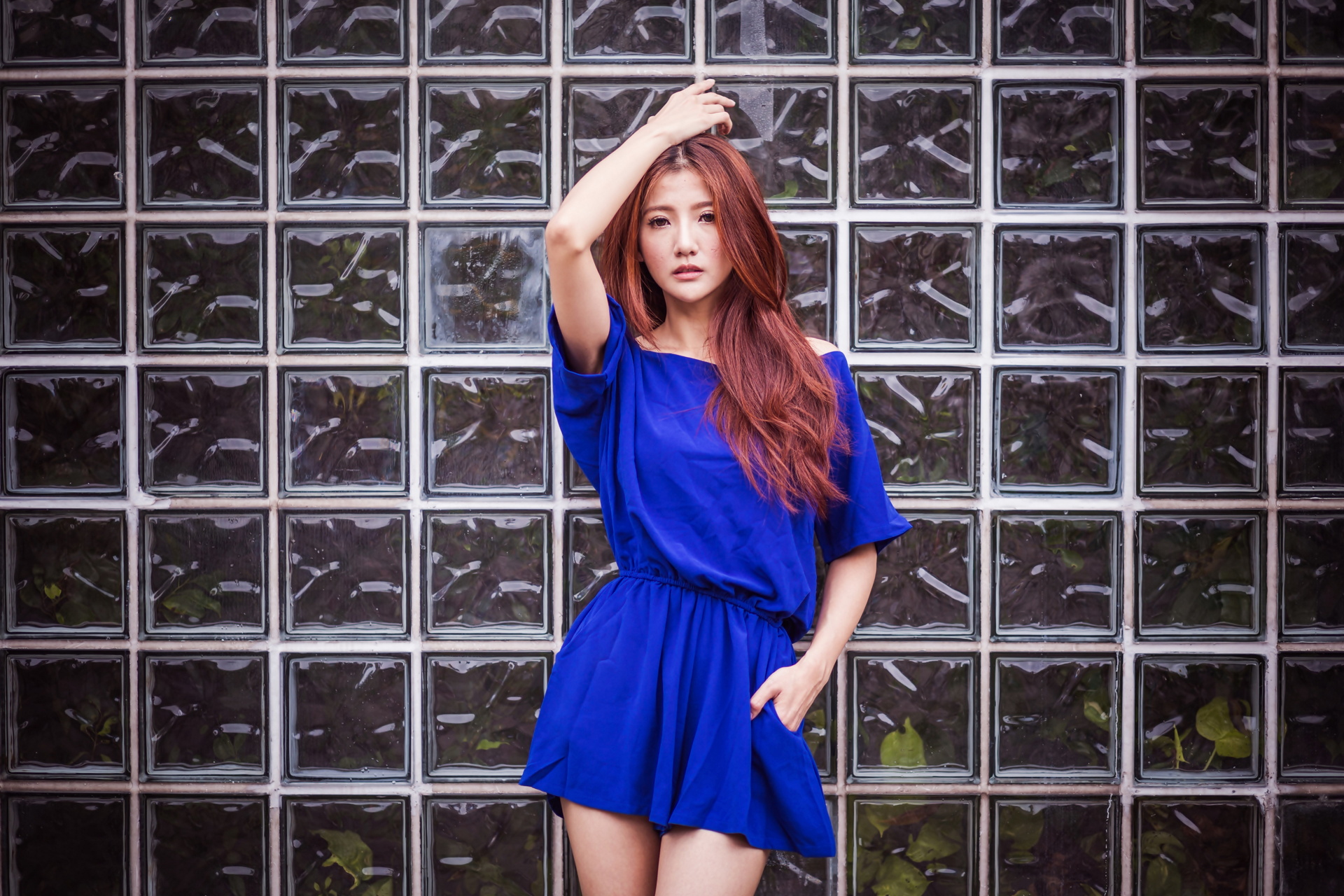 Asian Model Women Dark Hair Long Hair Blue Dress Glass Dyed Hair 1920x1280