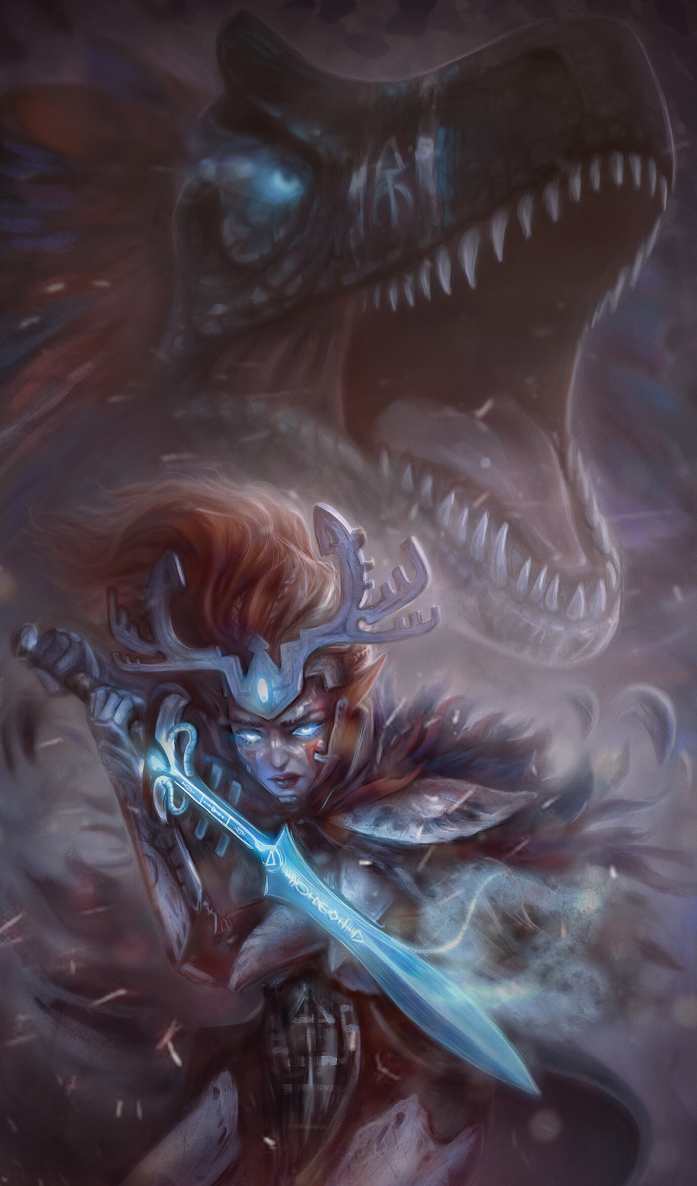 Science Fiction Warhammer 40 000 Warhammer Sword Women Long Hair Blue Eyes Teeth Dragon Armor White  1376x2339