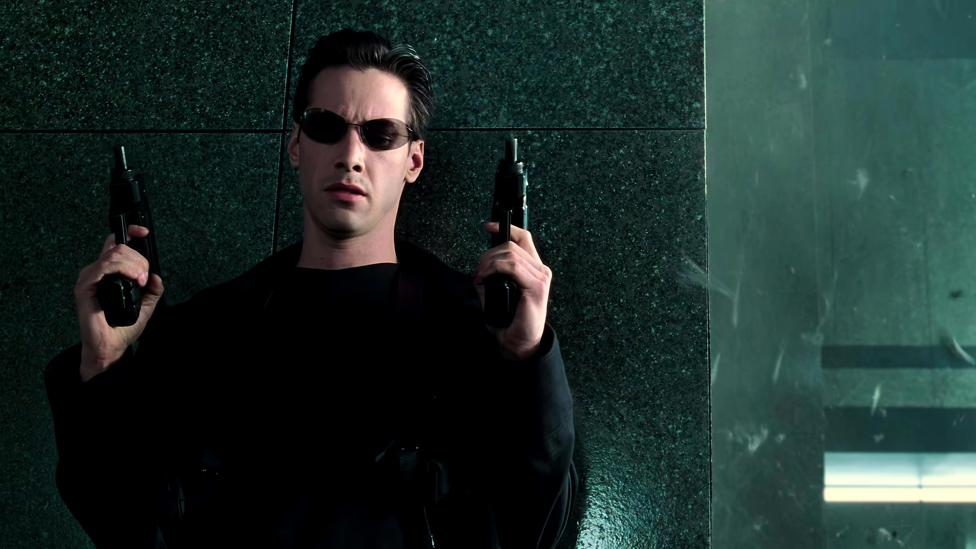 The Matrix Movies Film Stills Neo Keanu Reeves Actor Sunglasses Gun Uzi 1920x1080