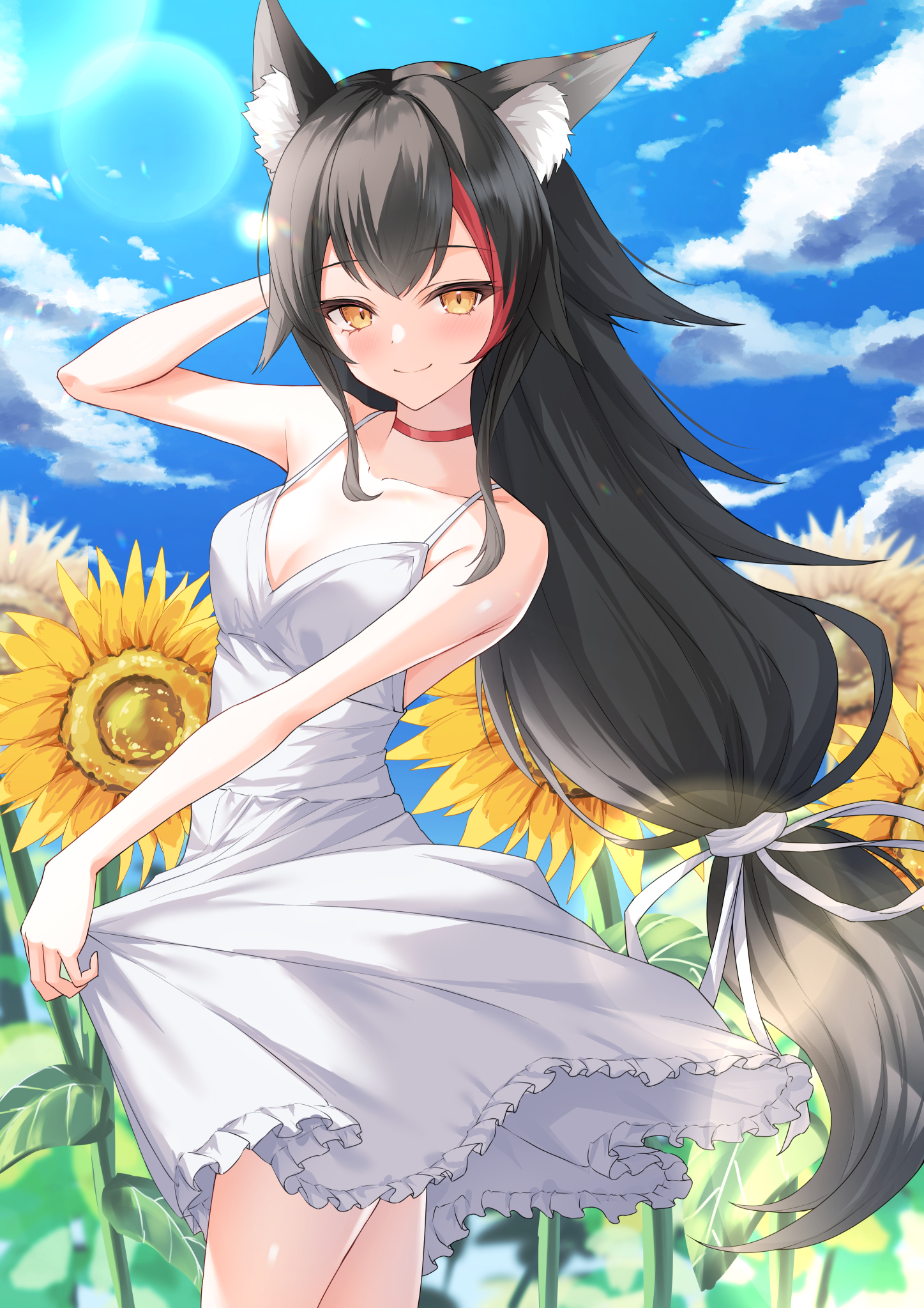 Lis 111 2D Anime Girls Ookami Mio Hololive Vertical Sunflower Fox Girl Fox Ears Flowers Choker White 1447x2047
