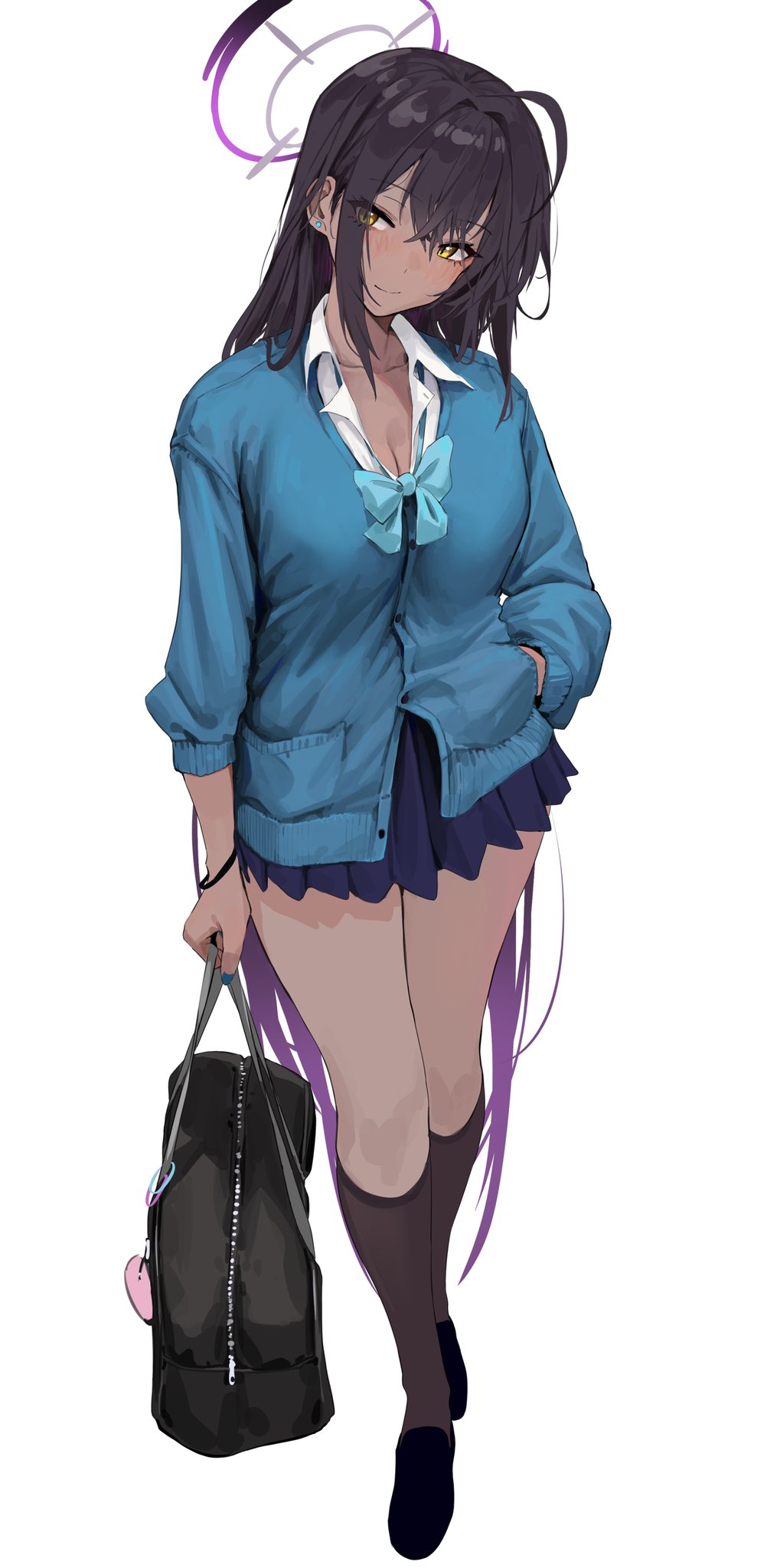 Anime Girls Anime Schoolgirl School Uniform Dark Skin Hands In Pockets Long Hair Bow Tie Blue Archiv 1015x2047