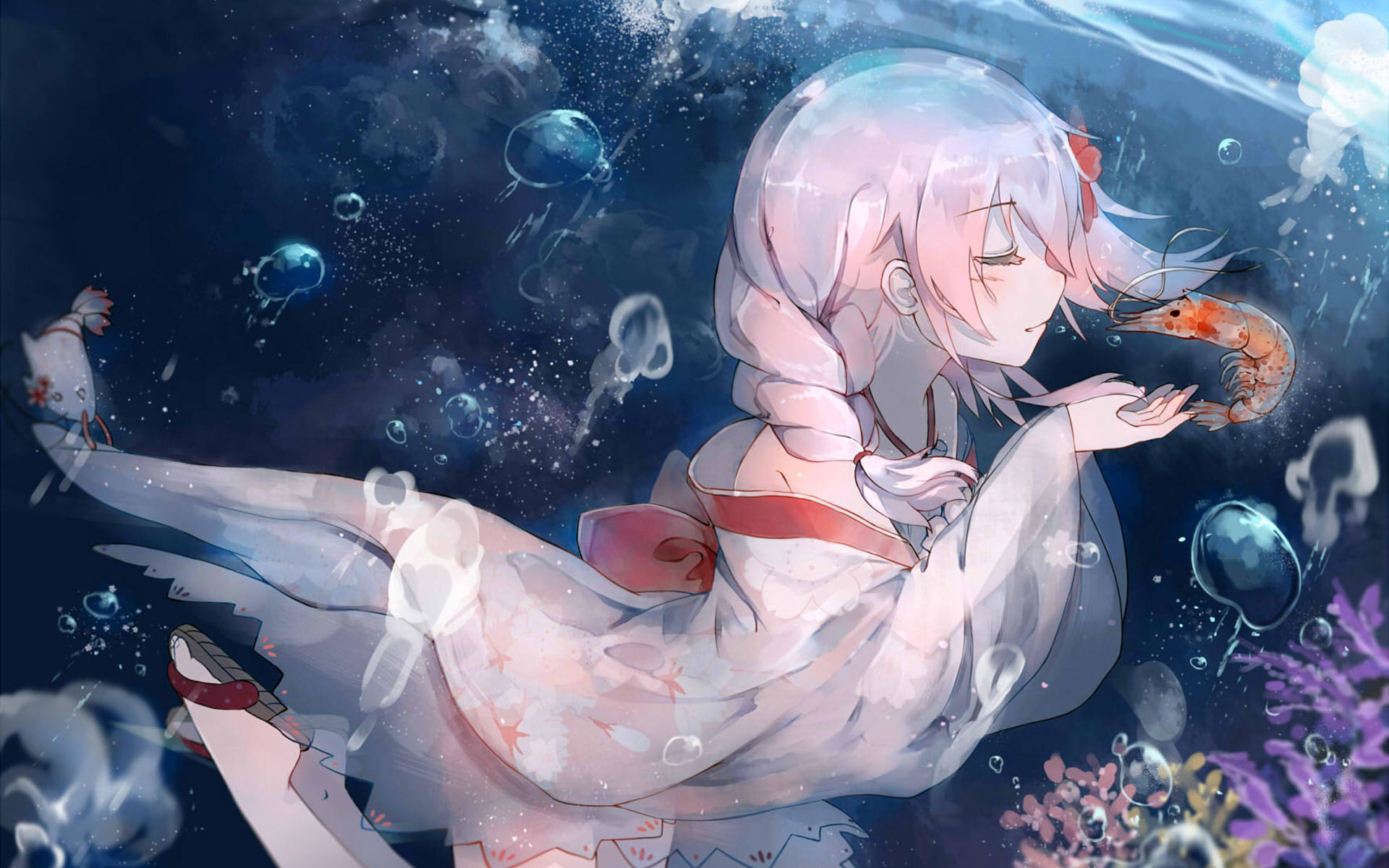 Pink Hair Anime Girls Closed Eyes Shrimp Animals Underwater Water 1920x1200