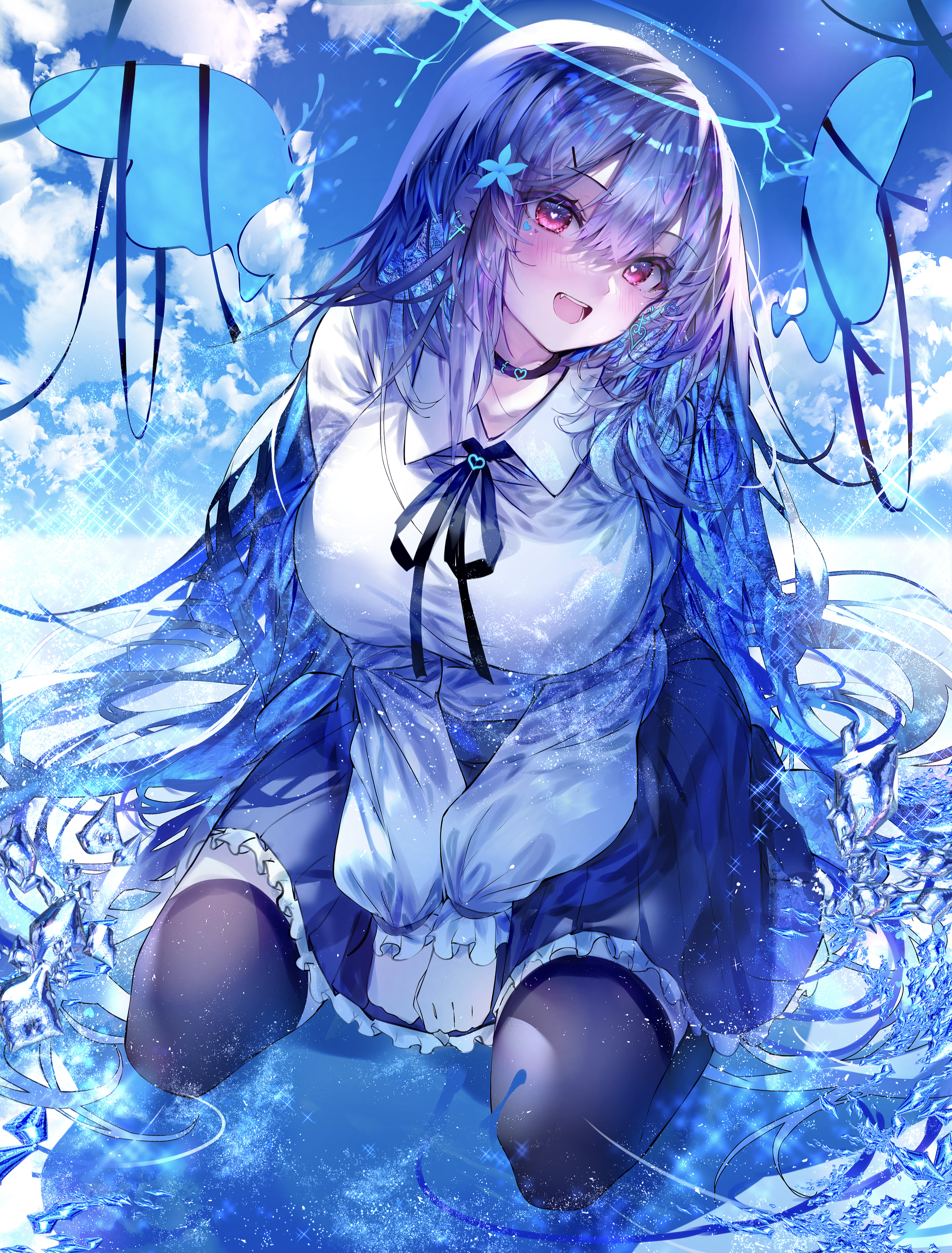 Pixiv W Artist Anime Anime Girls Portrait Display Crystal Long Hair Heart Eyes Sky Clouds Water Chok 2992x3936