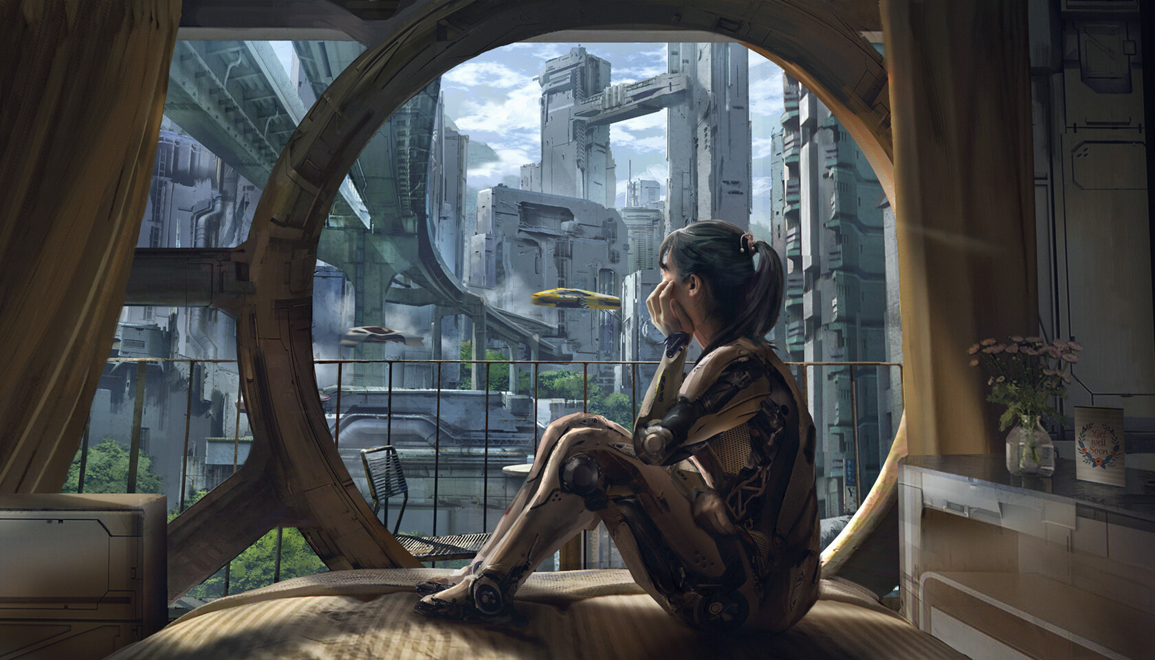 Eddie Mendoza Science Fiction Women Women Science Fiction Digital Art Futuristic City Cyborg Dark Ha 1680x960