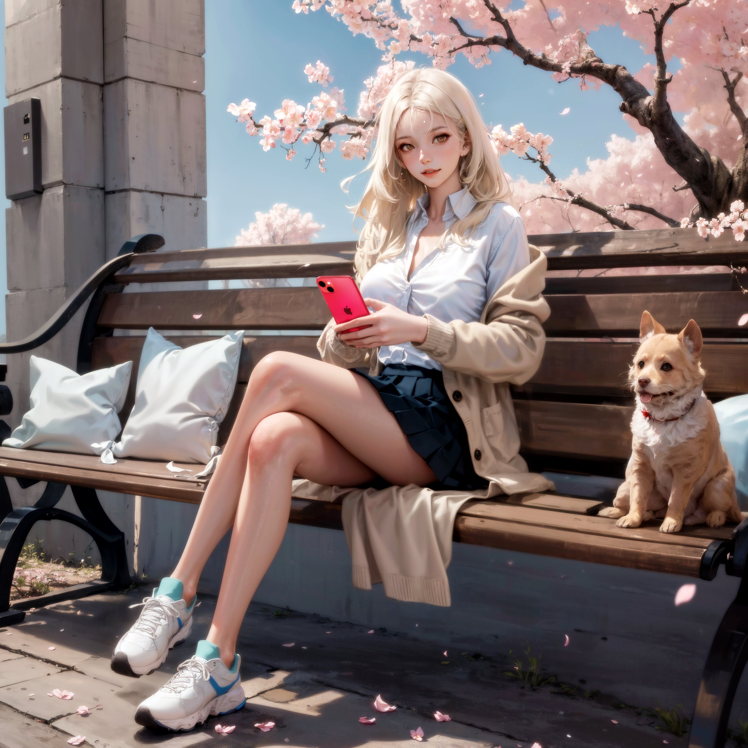 Stable Diffusion Ai Art Blonde Women Dog Animals Bench Trees Sky Clouds Cherry Blossom Skirt White S 2560x2560