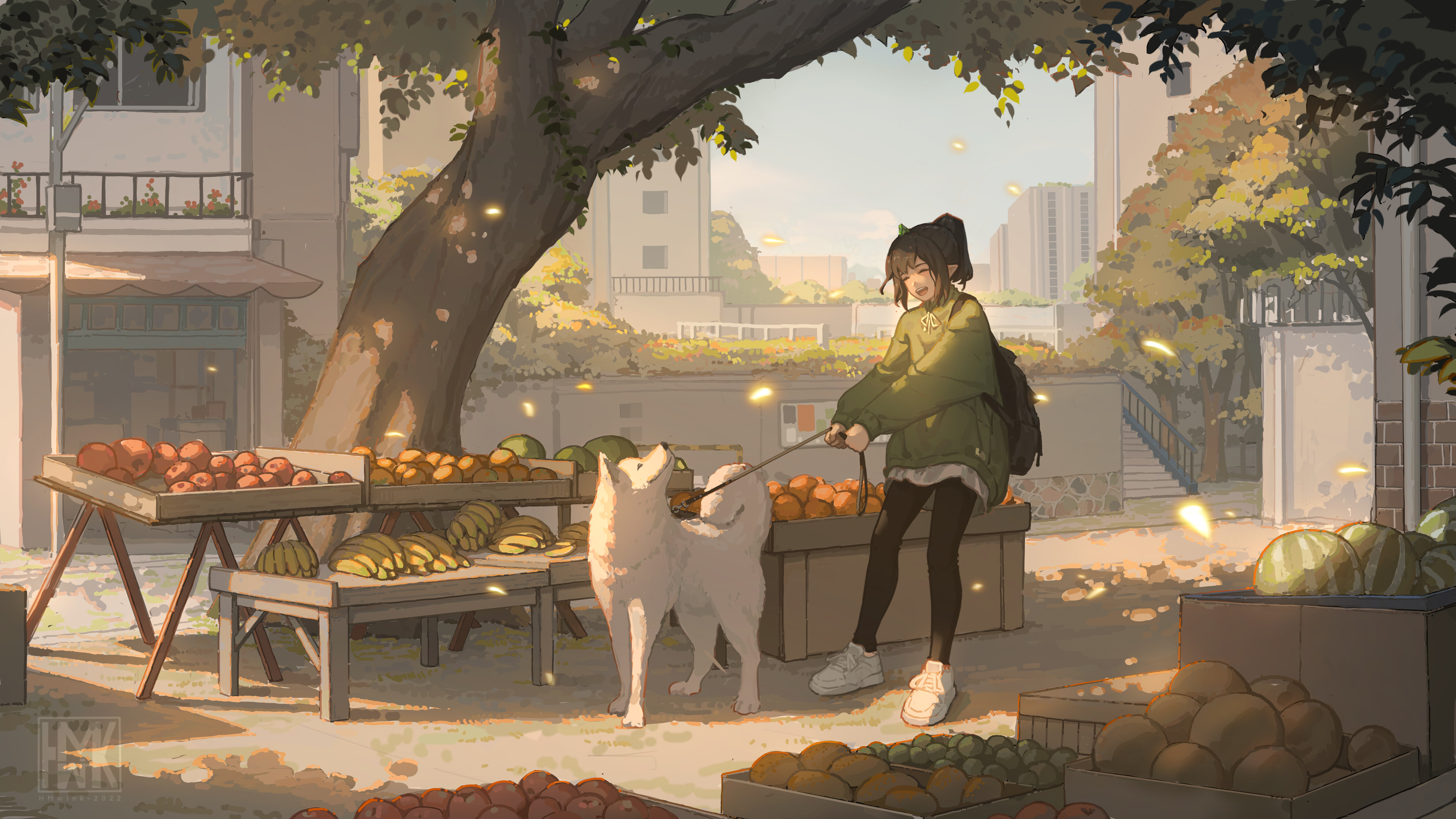 Hua Ming Wink Original Characters Dog Fallen Leaves Fruit Anime Girls Petals Animals 4753x2674