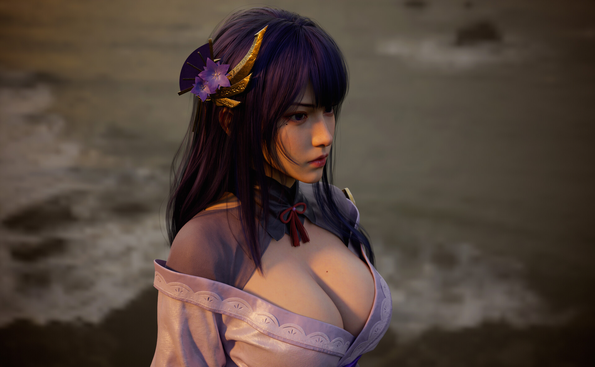 Haowen Yang CGi Women Purple Hair Knot Looking Away Portrait Shore Raiden Shogun Genshin Impact Digi 1920x1185