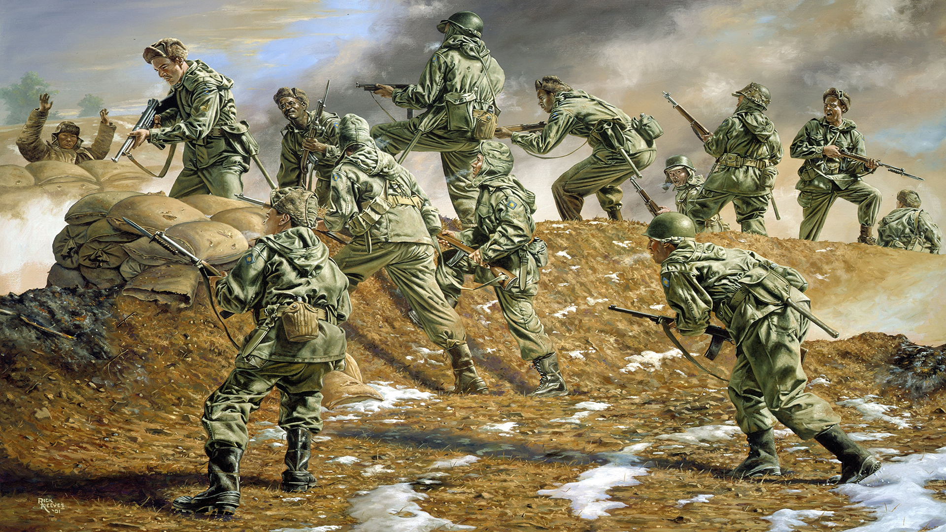 Korean War M1 Garand Artwork Military Uniform Gun Men Clouds Smoke Snow Helmet Sandbags Signature 1920x1080