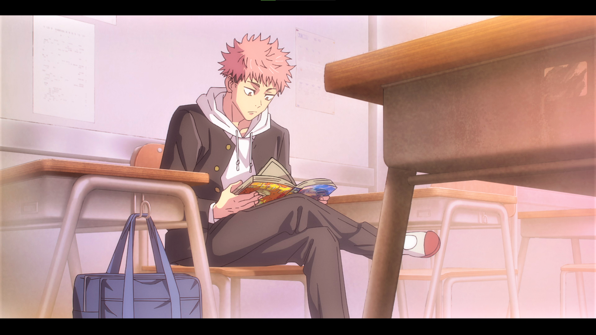 Jujutsu Kaisen Yuji Itadori Pink Hair Desk Sunlight Reading Books Backpacks Anime Anime Screenshot A 1920x1080