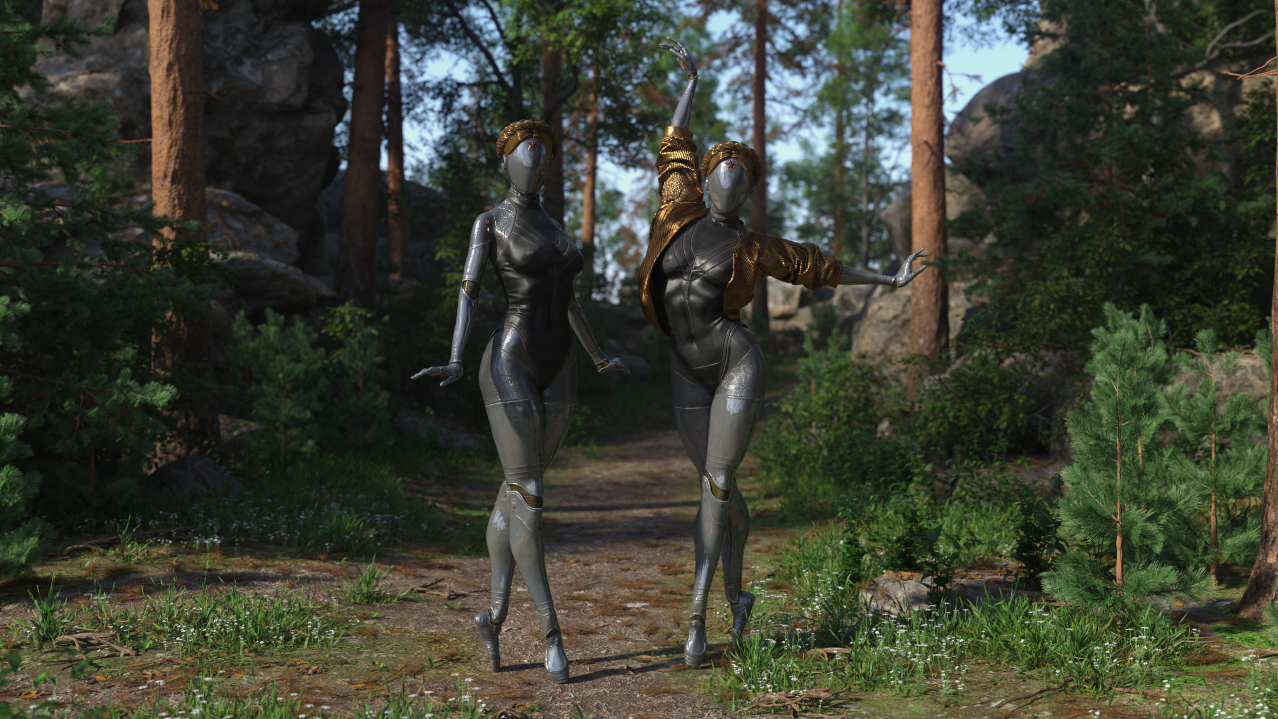 Atomic Heart Daz 3D CGi Video Games The Twins Atomic Heart Video Game Characters Path Forest Trees 2560x1440