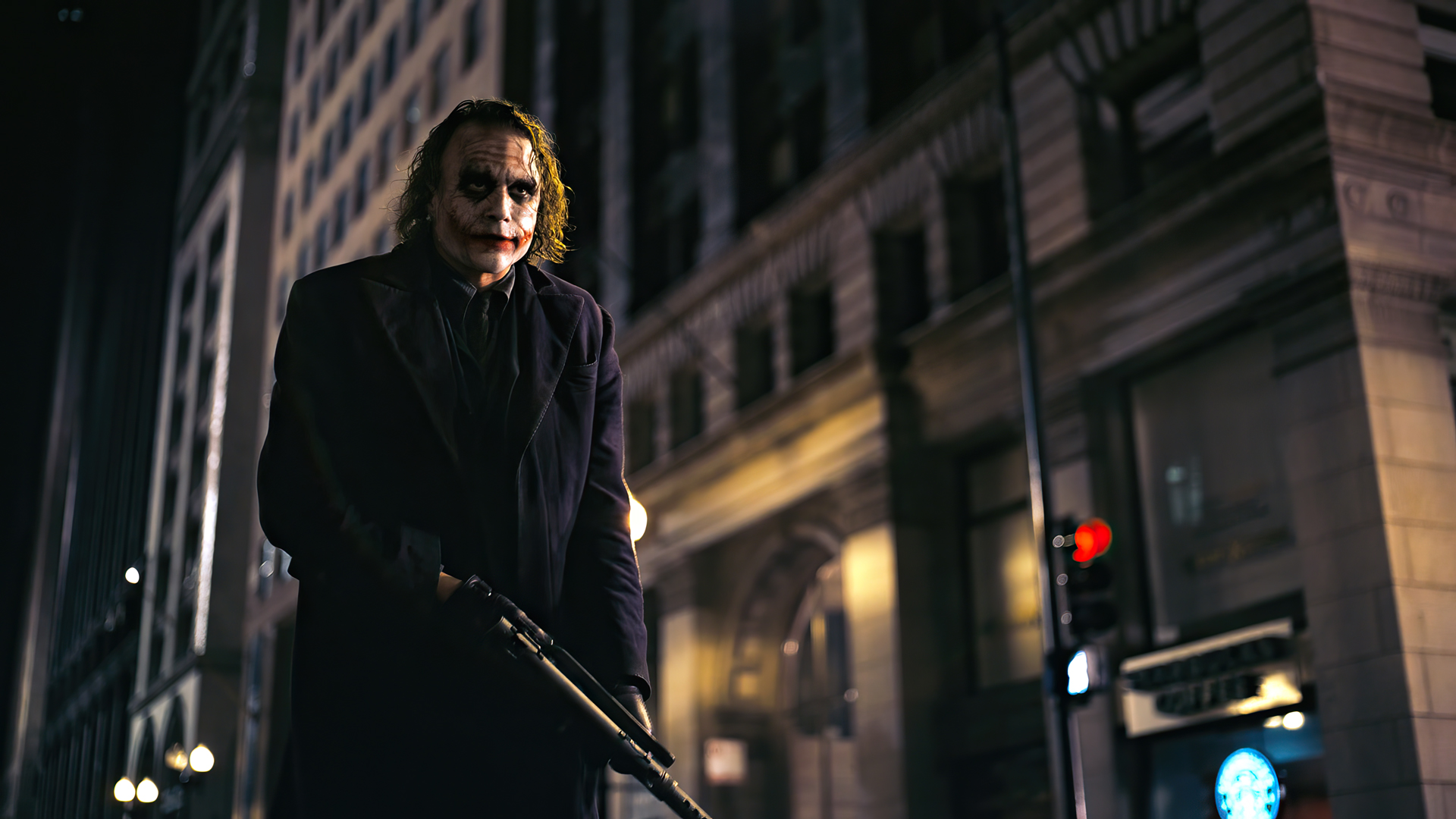 The Dark Knight Joker Heath Ledger Movies Film Stills Gun Street Gotham City Clown 1920x1080
