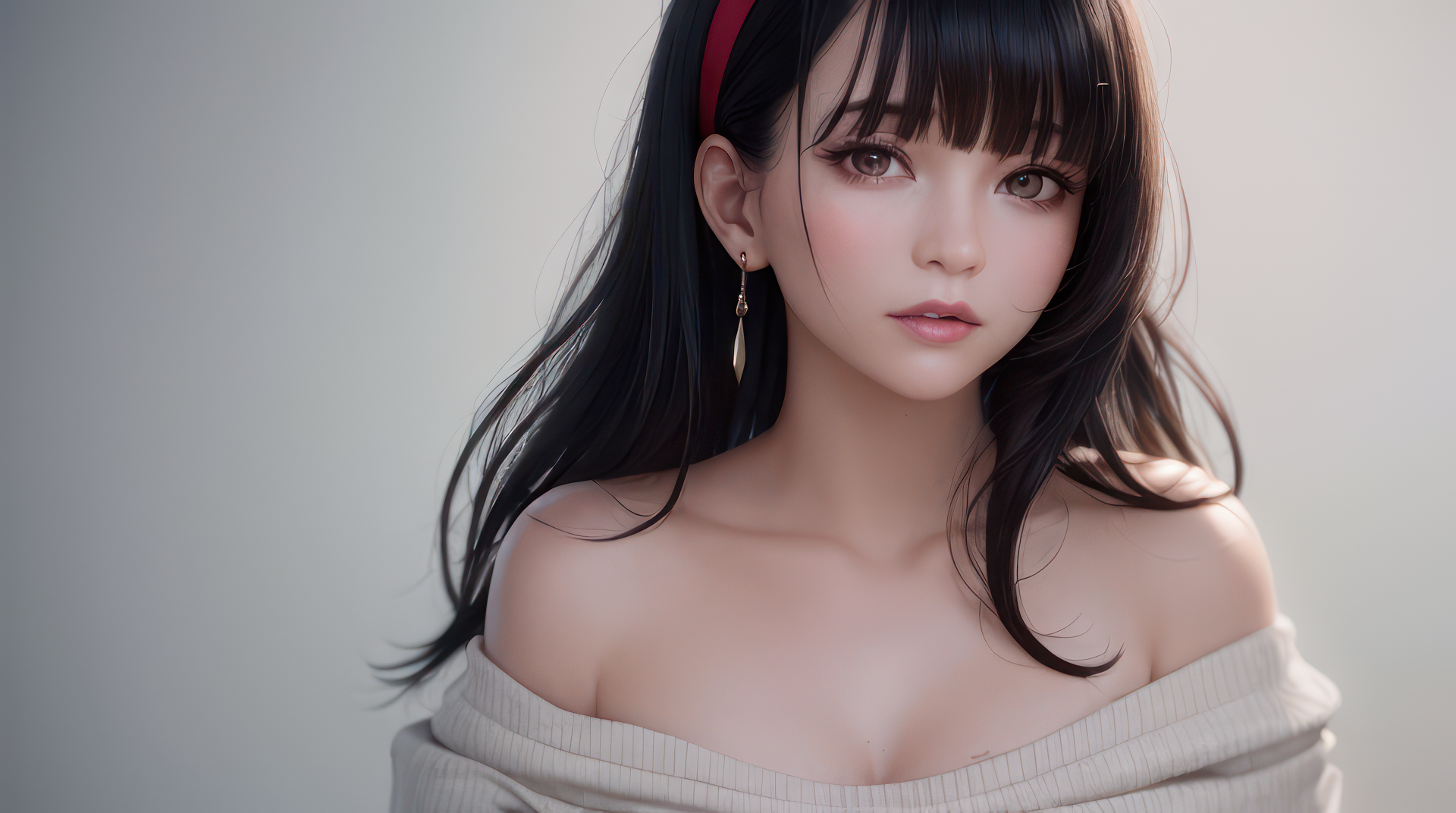 Ai Art Long Hair Black Earring Asian Women Looking At Viewer Sweater Minimalism Simple Background 1920x1072