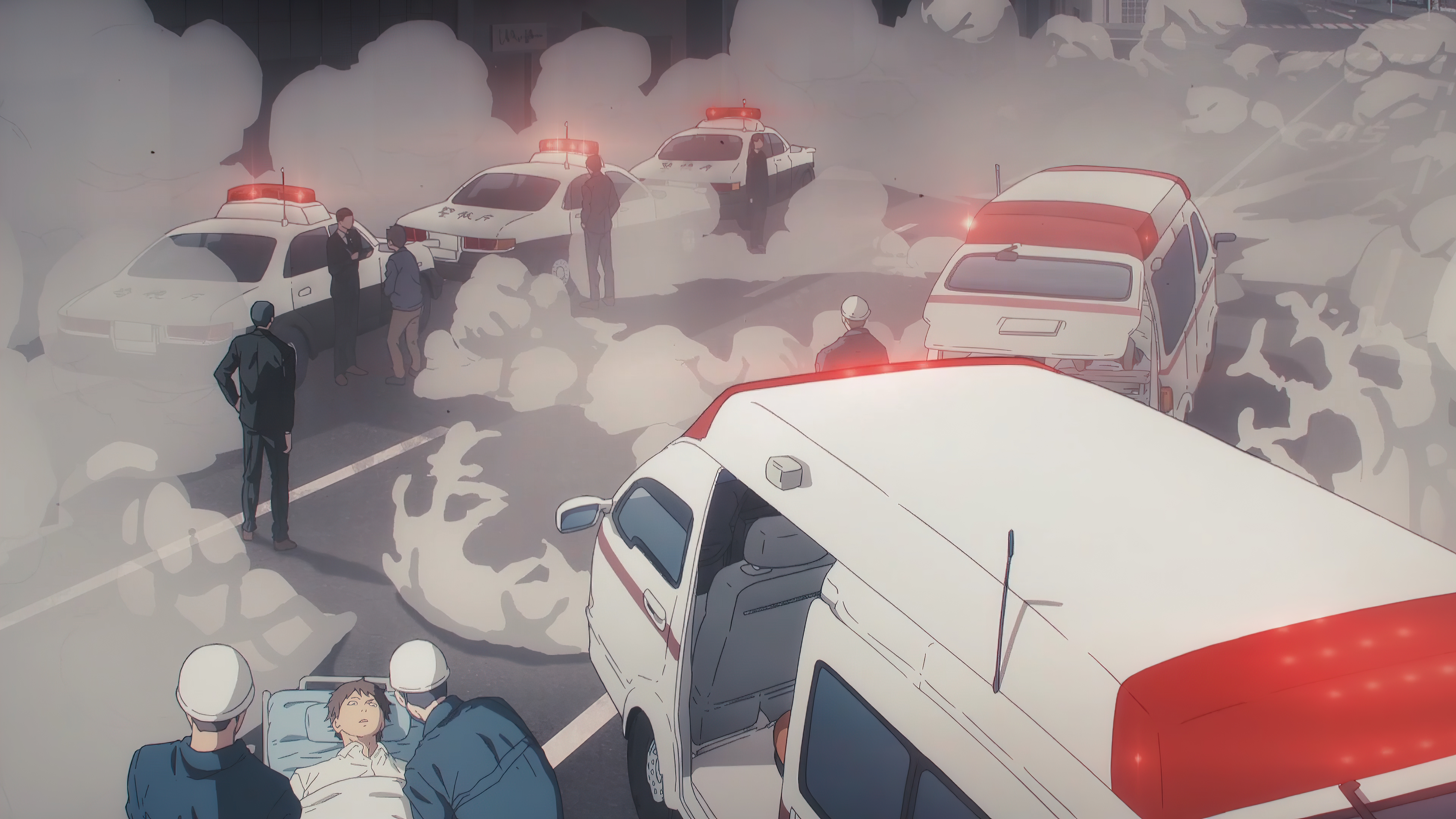 Chainsaw Man Anime 4K Anime Screenshot Anime Boys Police Cars Ambulances Smoke 3840x2160