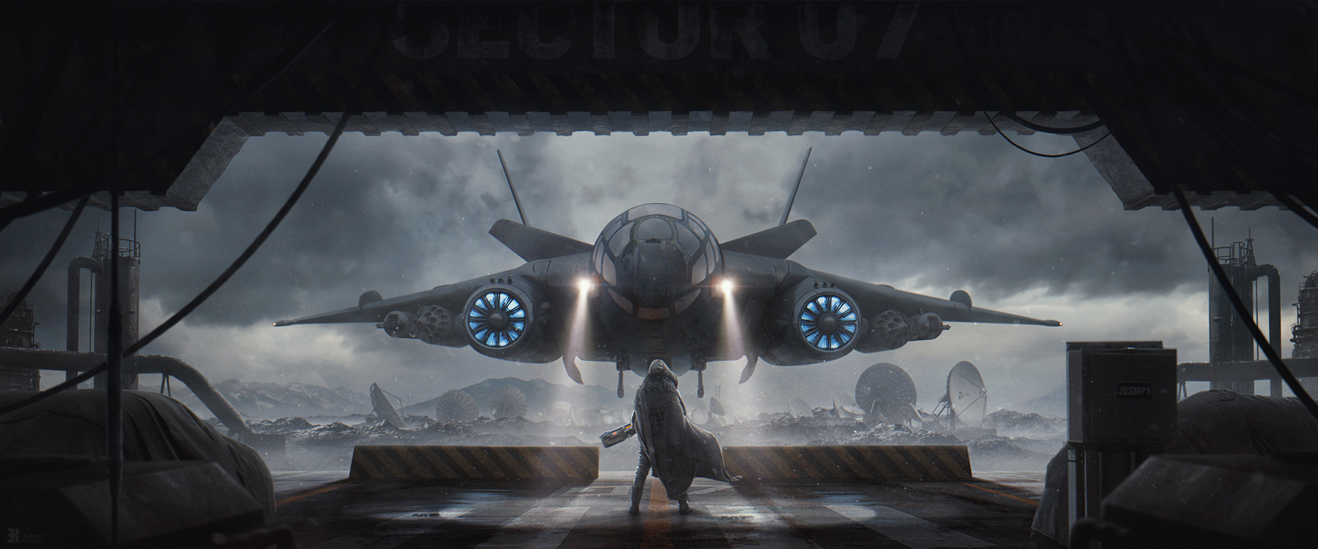Futuristic Artwork Drawing Warrior Spaceship Concept Art Science Fiction Evgenij Kungur 2D Cyberpunk 1920x801