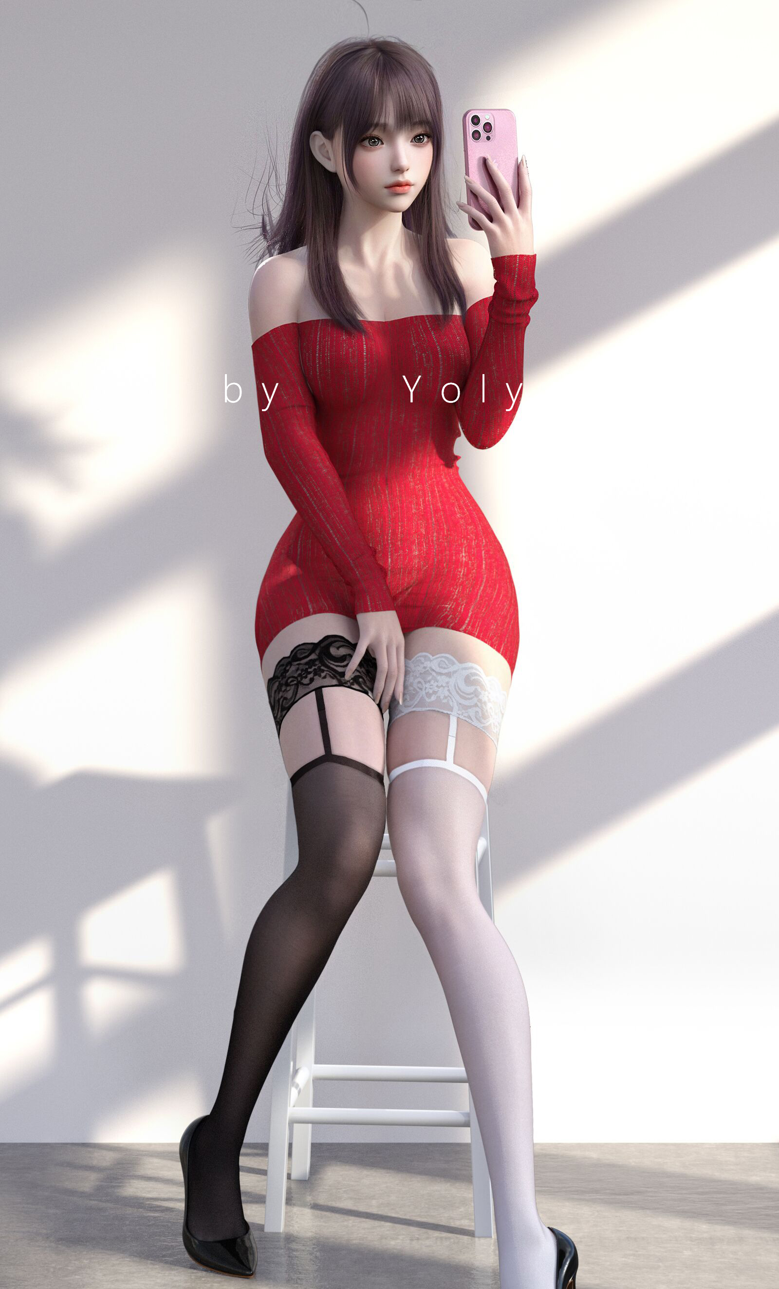 Asian Asian Cosplayer Stockholm Red Clothing Yoly Schoolgirl Daz 3D CGi Digital Art Vertical Phone M 1600x2646