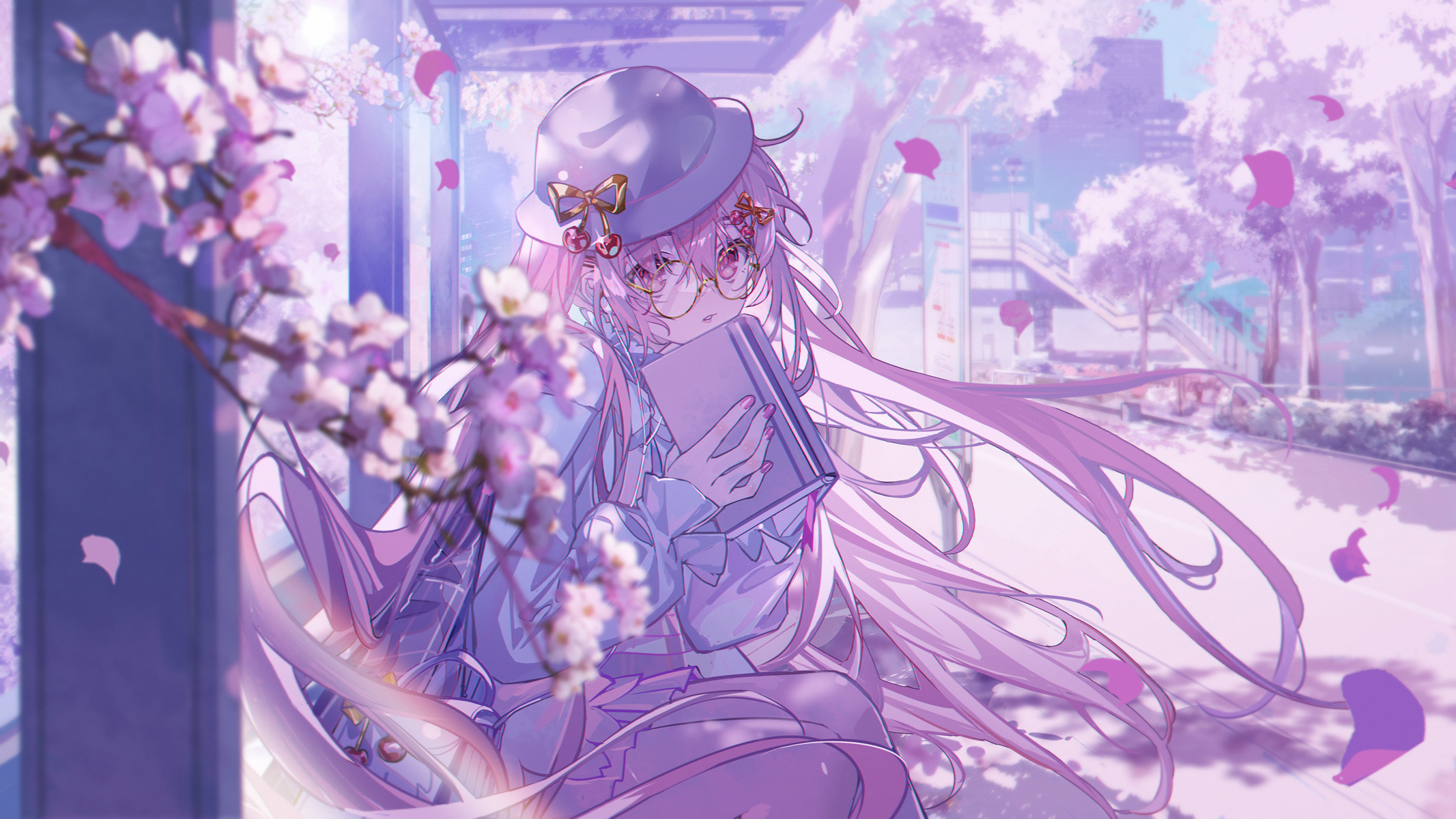 Anime Anime Girls Purple Hair Purple Eyes Looking At Viewer Glasses Petals Flowers Hat Sunlight Sitt 2133x1200