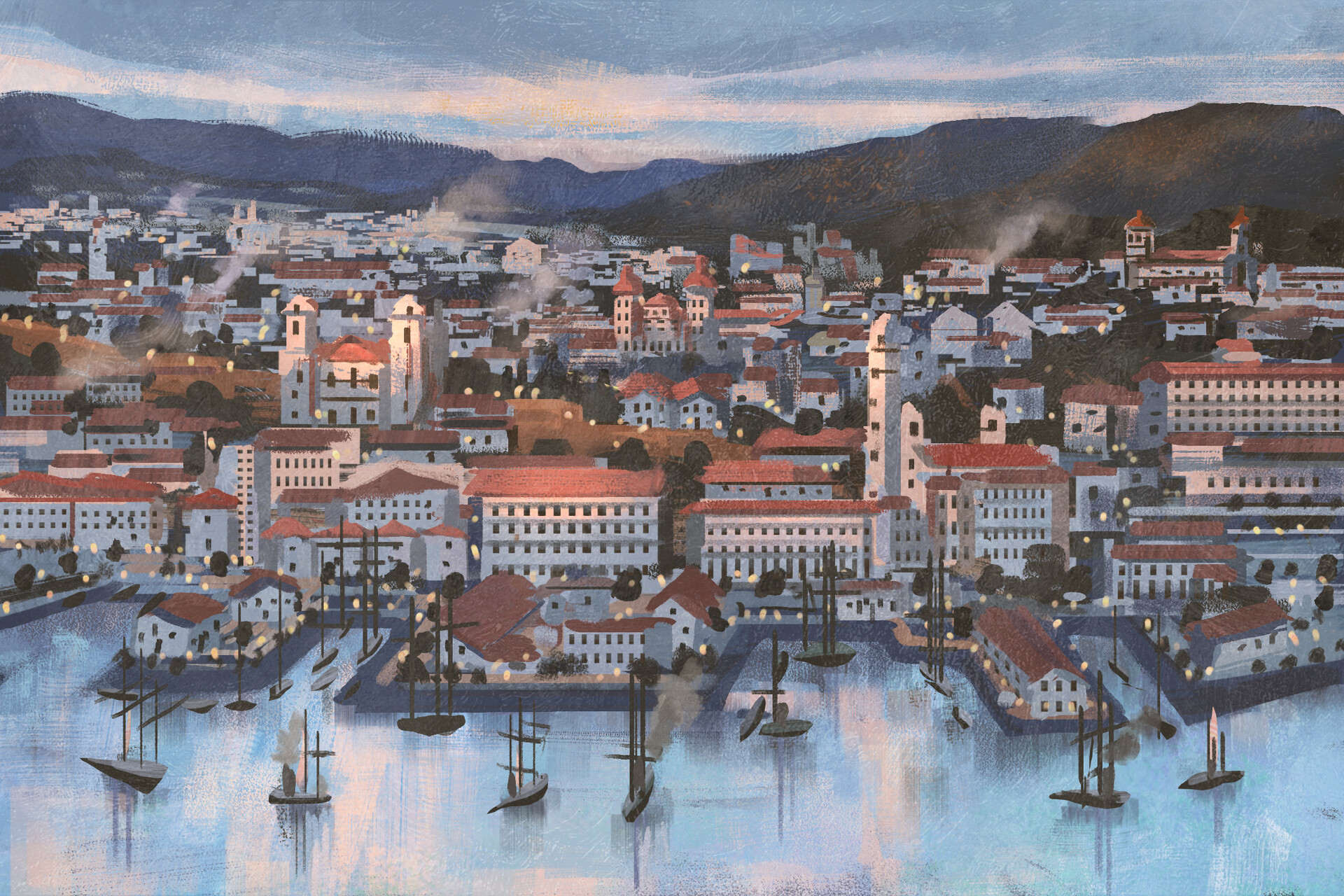 Brazil Ship Dock Mountains Town Artwork 1920x1280