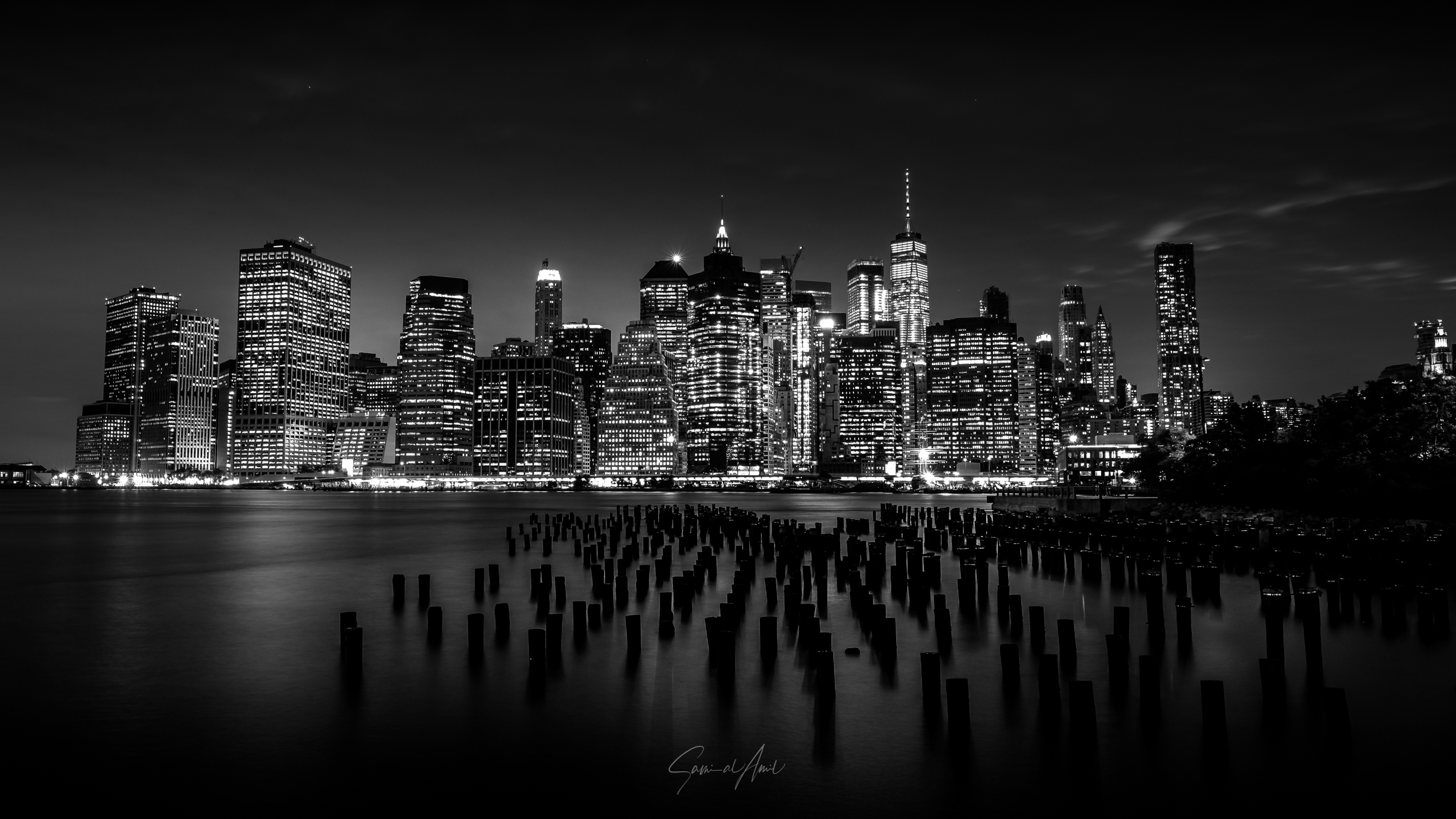 Night Monochrome City Urban Skyline Skyscraper Building Signature Water Sea Manhattan New York City  2684x1510