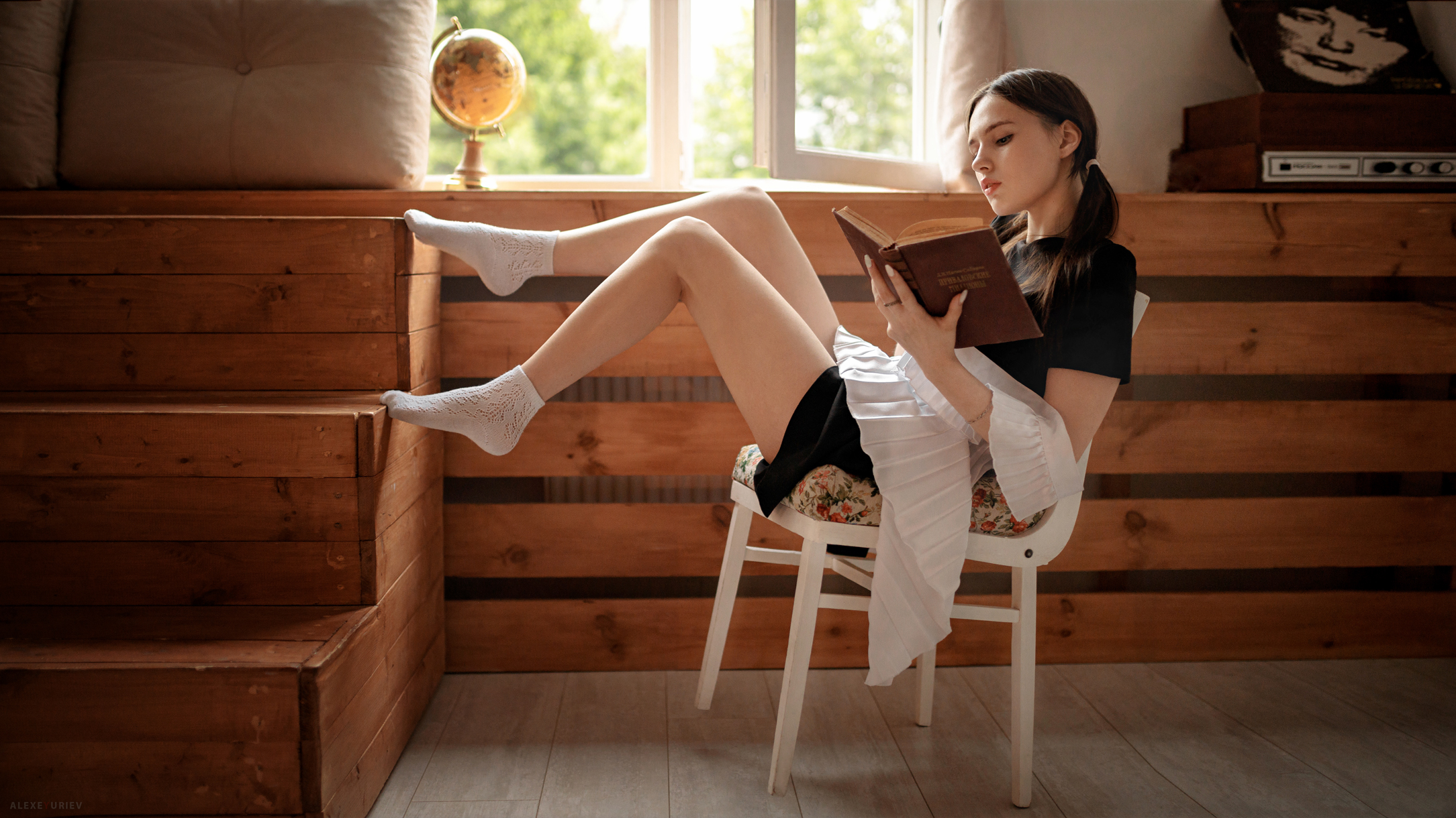 Aleksey Yuriev Women Brunette Twintails Maid Outfit Reading Relaxing Chair Socks Legs Stairs Globes  2169x1220