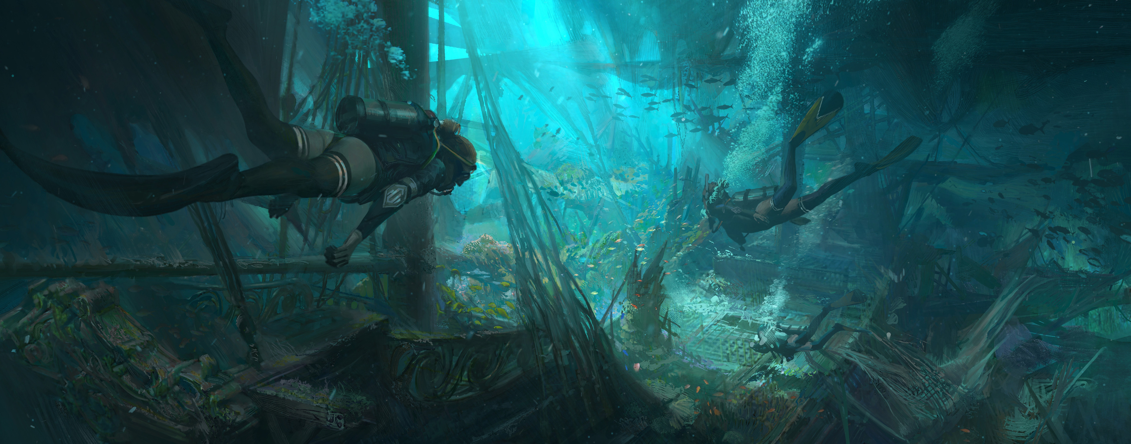 Digital Art Artwork Illustration Drawing Underwater Scuba Diving Environment Ruins Ship Fish Animals 3840x1508