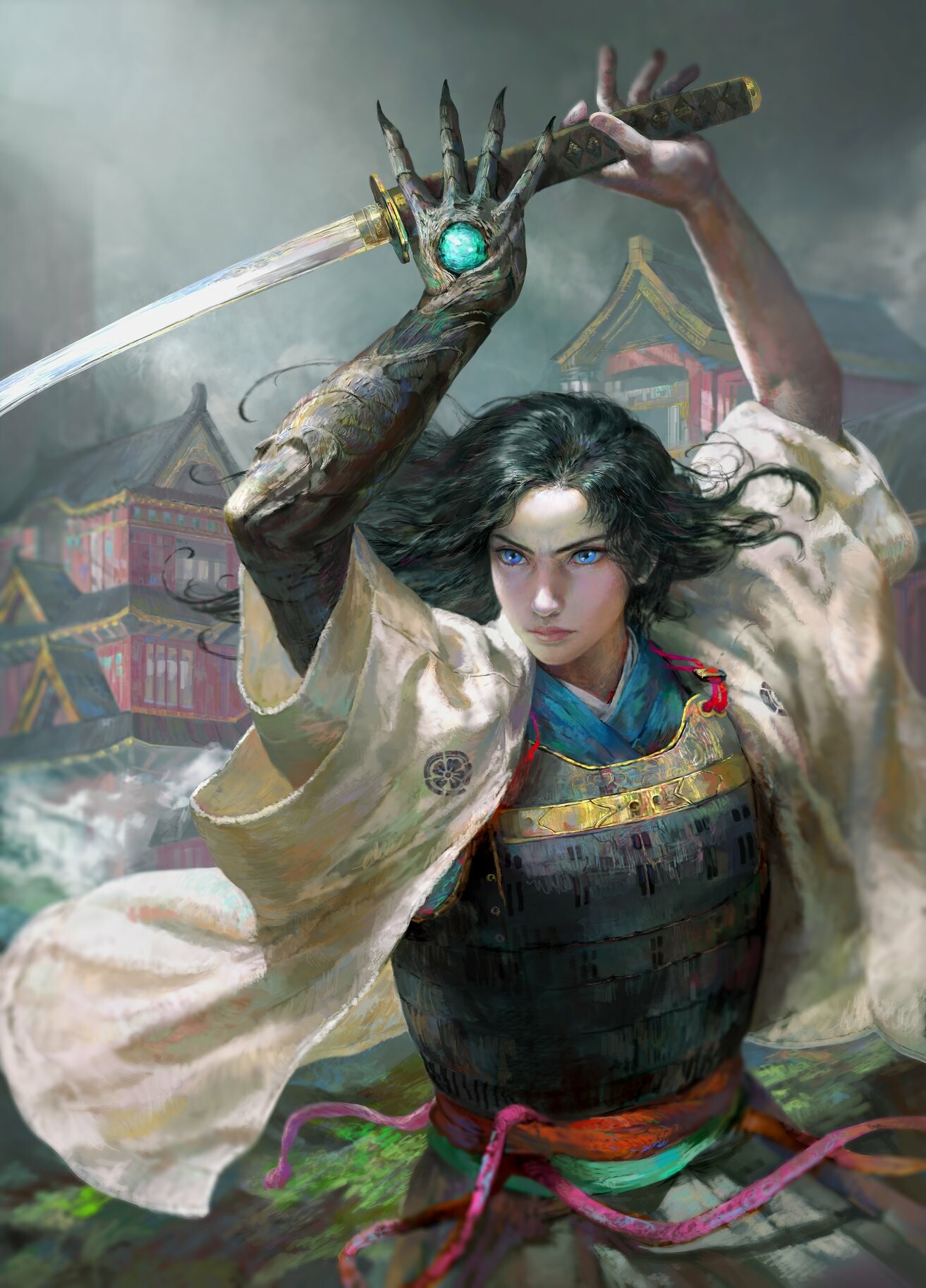 Nero Gen Digital Art Artwork Illustration Women Painting Samurai Katana Dark Hair Armor Blue Eyes Wa 1313x1826