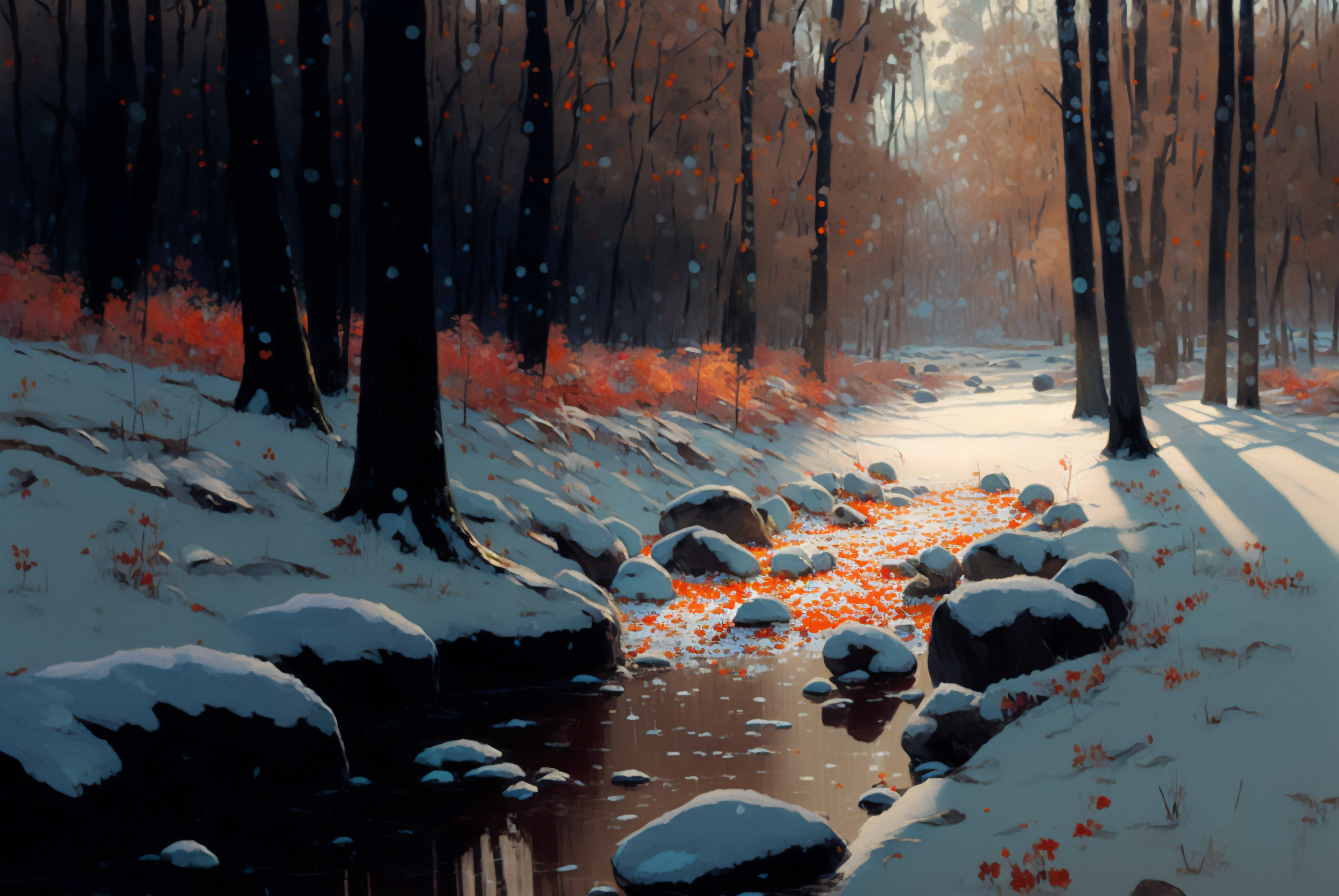 Ai Art Snow Spring Stream Forest Rocks Water Trees Nature 3060x2048