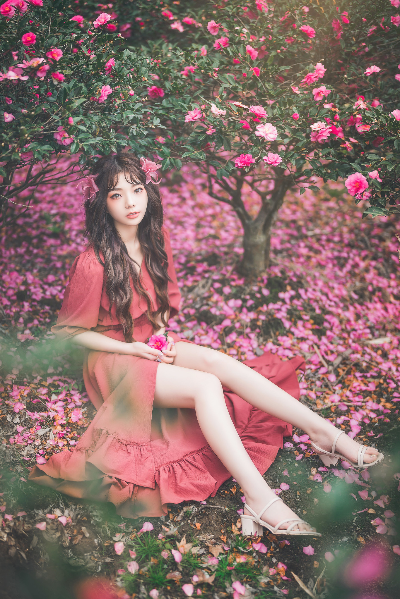 Asian Women Women Outdoors Model Flowers Plants Looking At Viewer Legs Long Hair Brunette Sitting 1366x2048